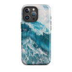 Turquoise blue ocean wave watercolor iPhone 16 Pro Max case with MagSafe, glossy finish