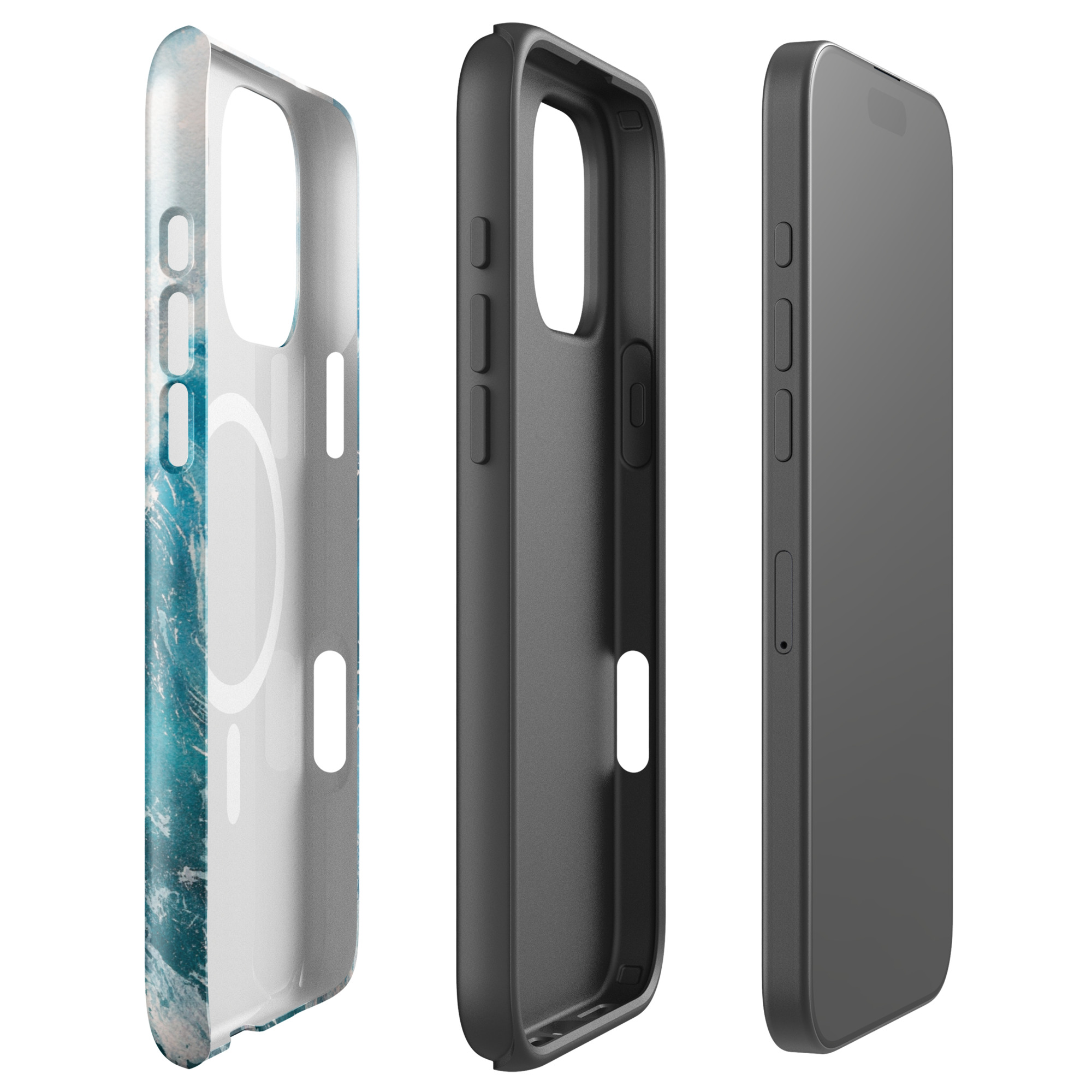 Dual-layer turquoise blue ocean wave watercolor MagSafe iPhone case with polycarbonate shell and TPU inner liner