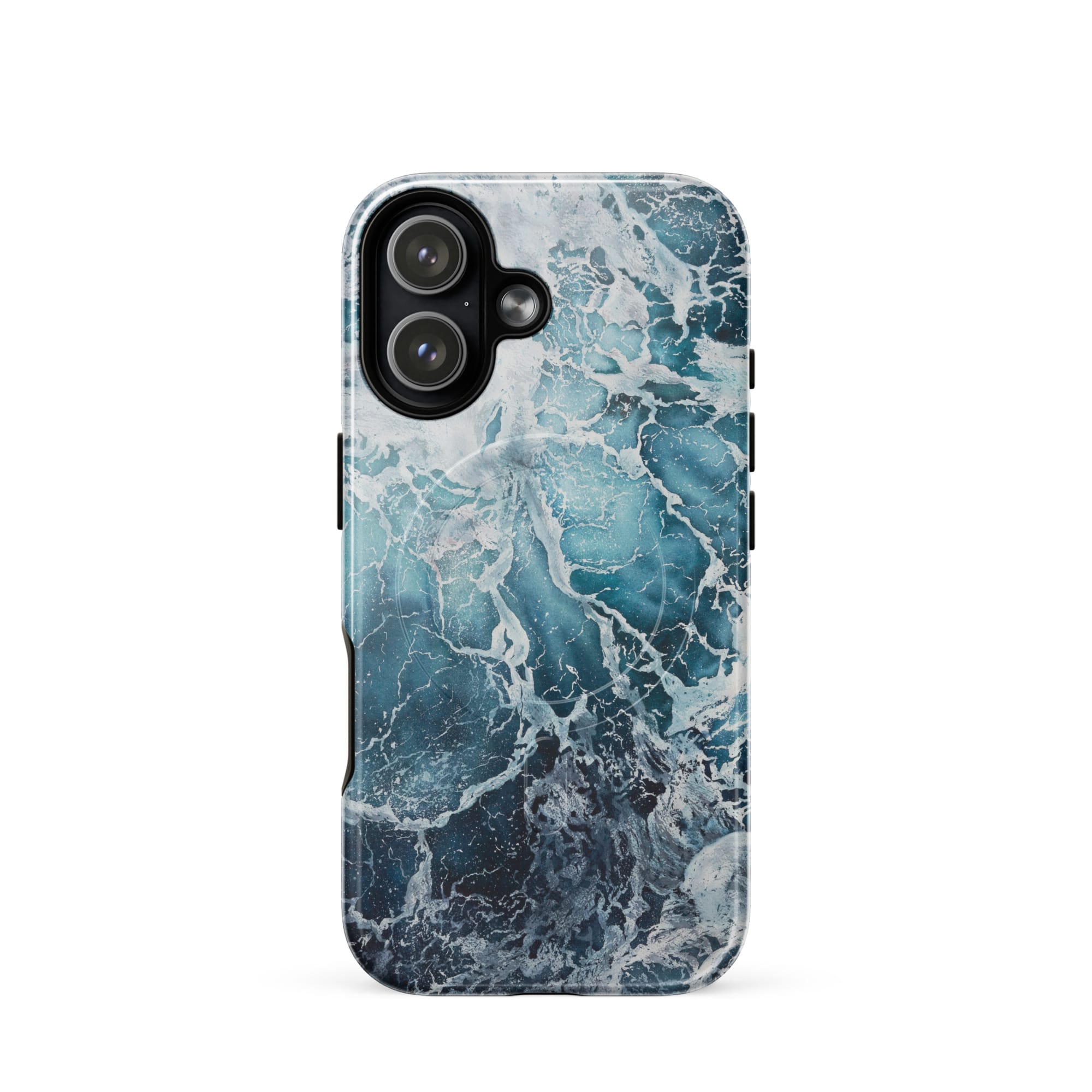 Blue ocean wave watercolor iPhone 17 case with MagSafe, glossy finish