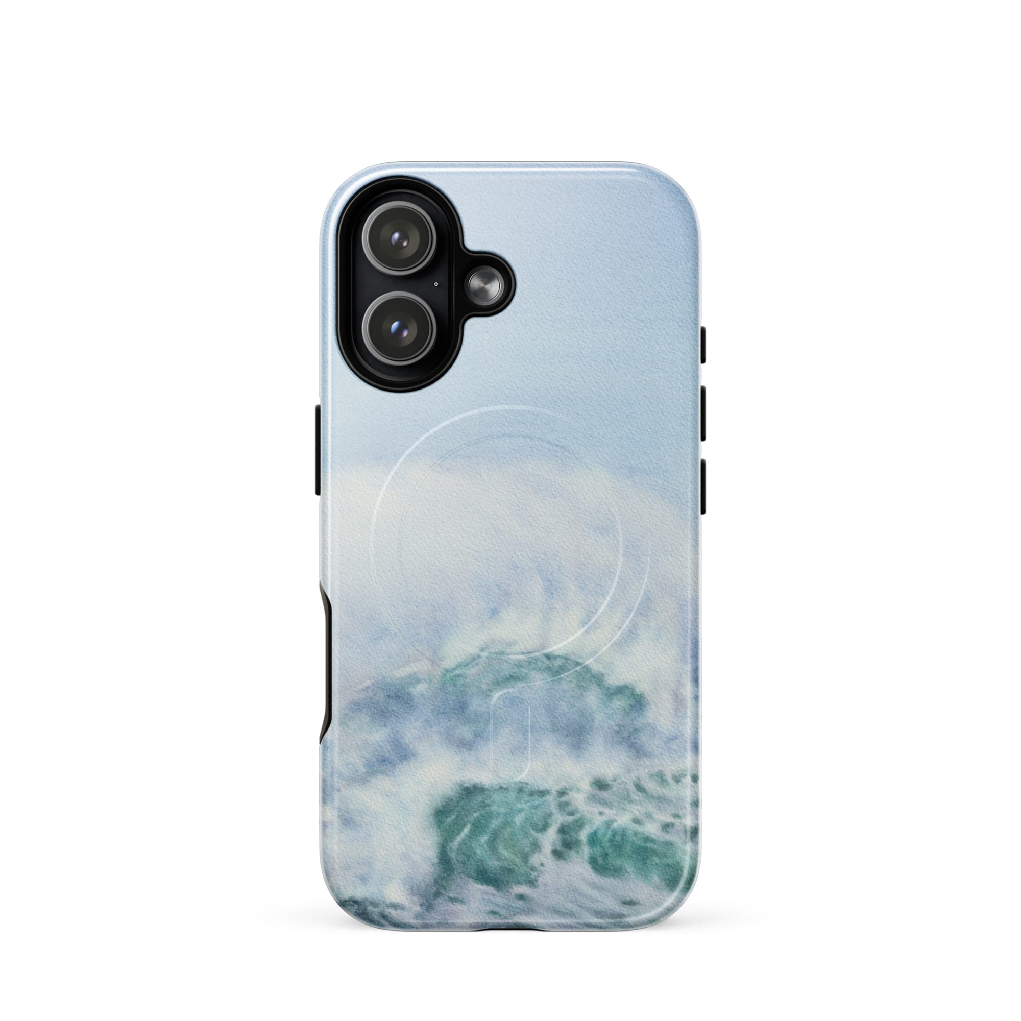 Turquoise blue wave ocean watercolor iPhone 17 case with MagSafe, glossy finish