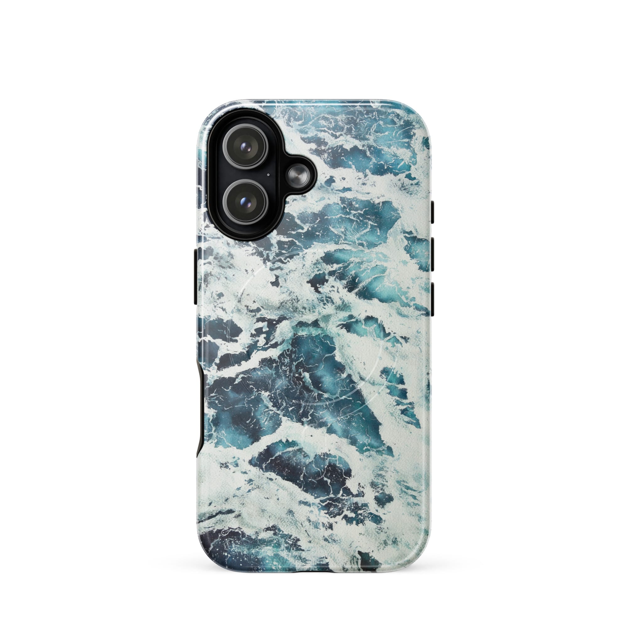 Deep blue turquoise ocean watercolor iPhone 17 case with MagSafe, glossy finish