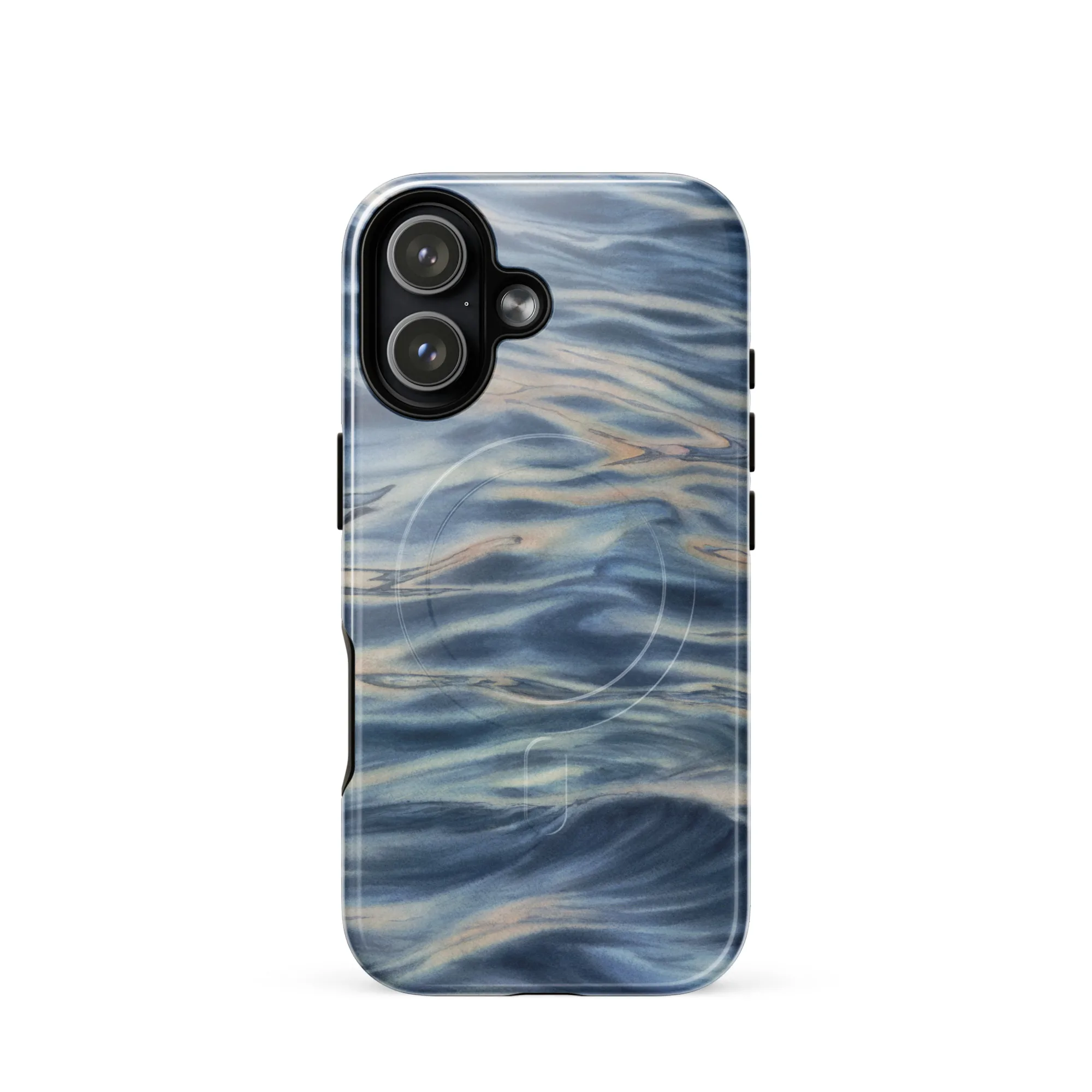 Blue grey ocean watercolor iPhone 17 case with MagSafe, glossy finish