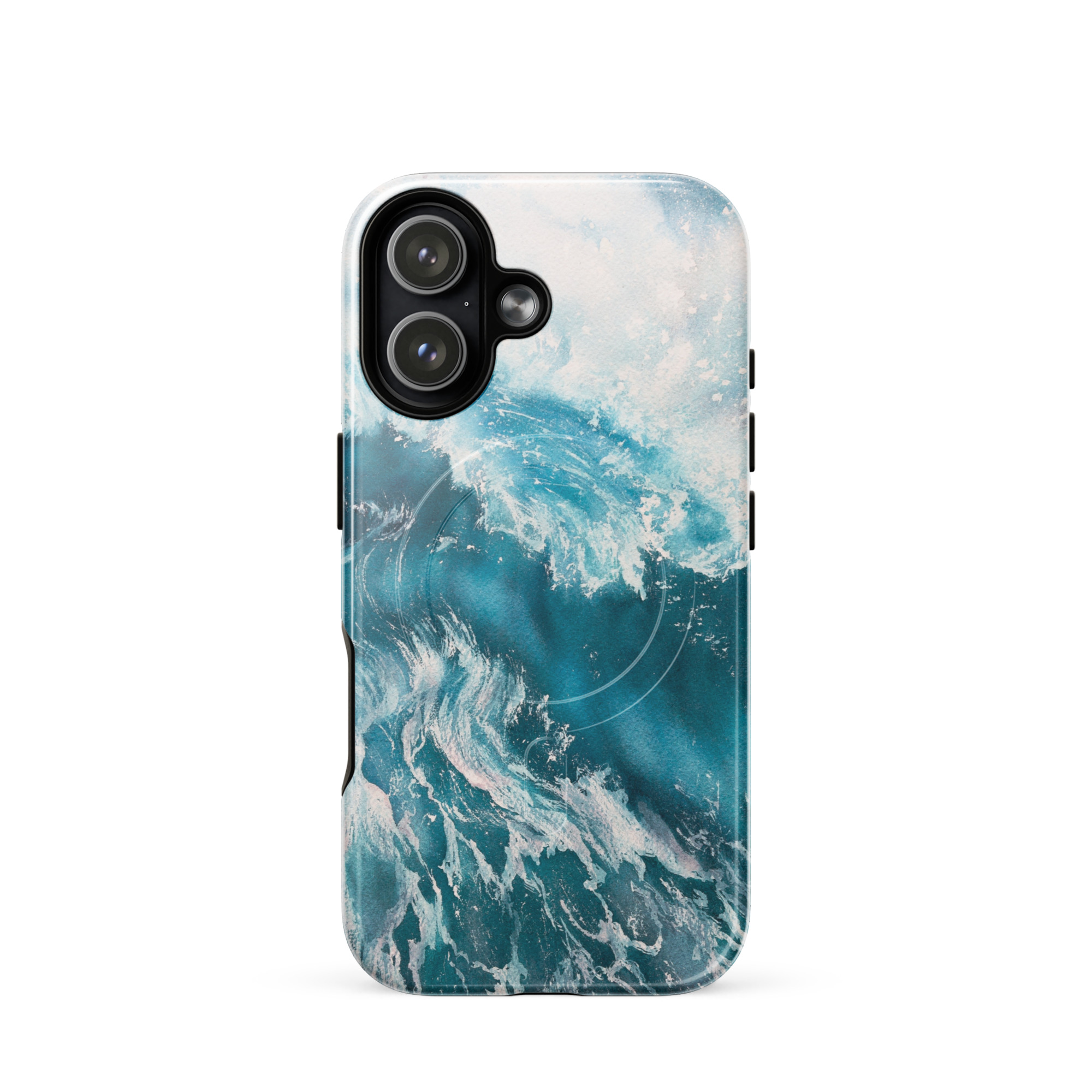 Turquoise blue ocean wave watercolor iPhone 17 case with MagSafe, glossy finish
