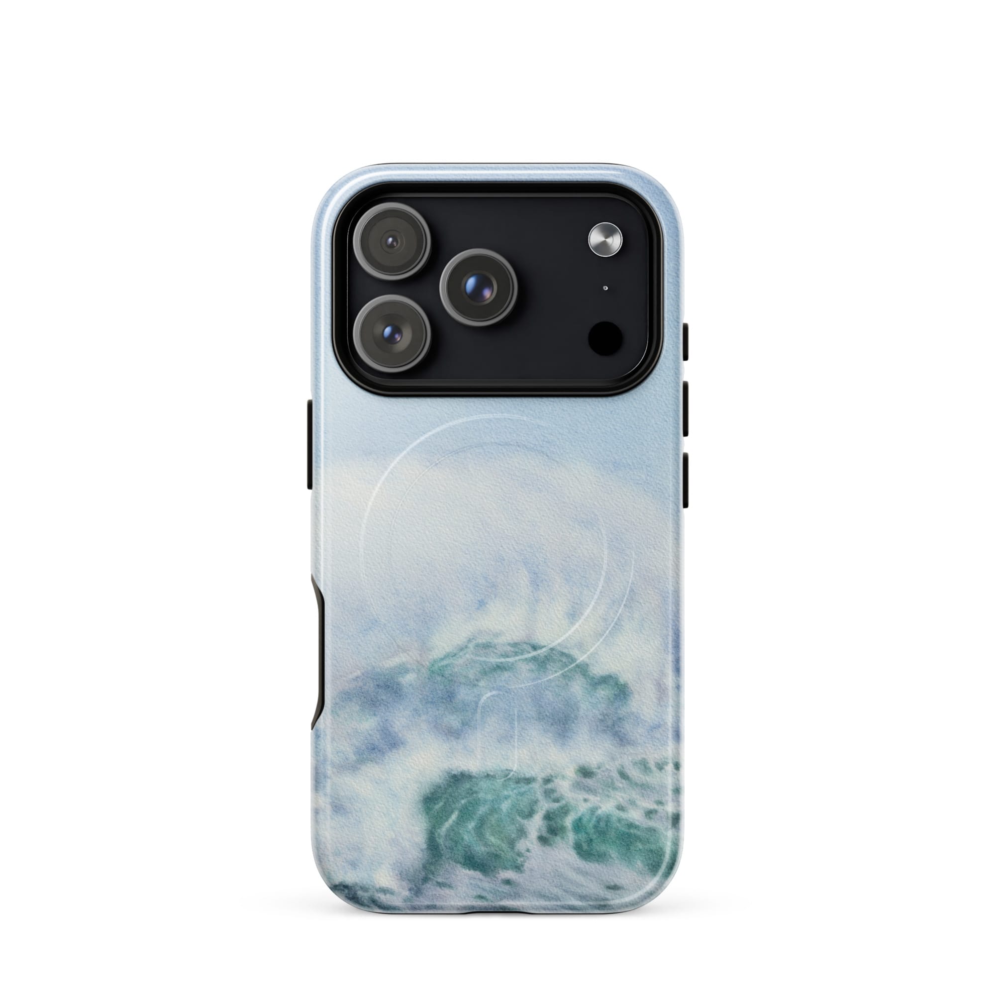 Turquoise blue wave ocean watercolor iPhone 17 Pro case with MagSafe, glossy finish