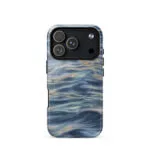 Blue grey ocean watercolor iPhone 17 Pro case with MagSafe, glossy finish