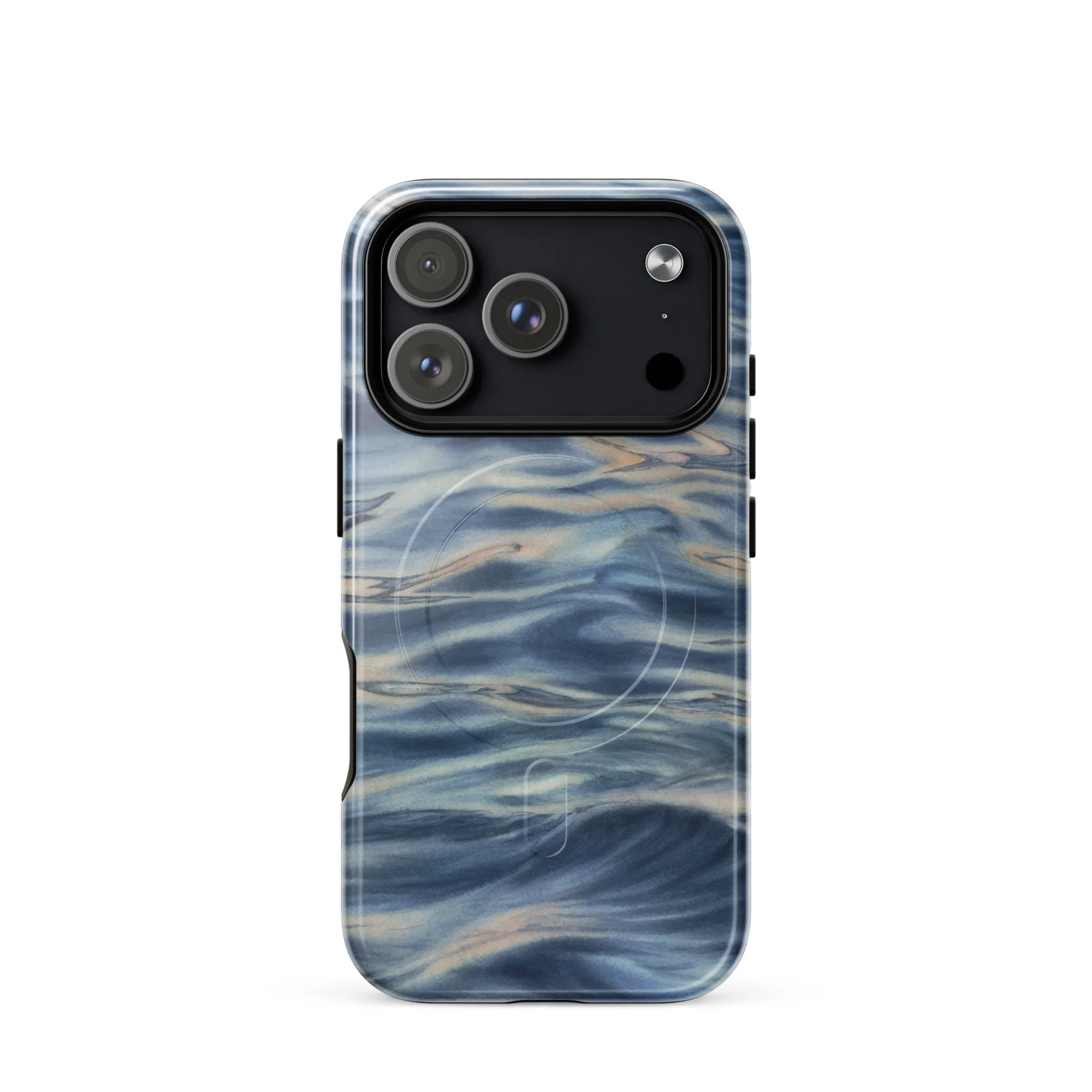 Blue grey ocean watercolor iPhone 17 Pro case with MagSafe, glossy finish