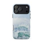 Turquoise blue wave ocean watercolor iPhone 17 Pro Max case with MagSafe, glossy finish