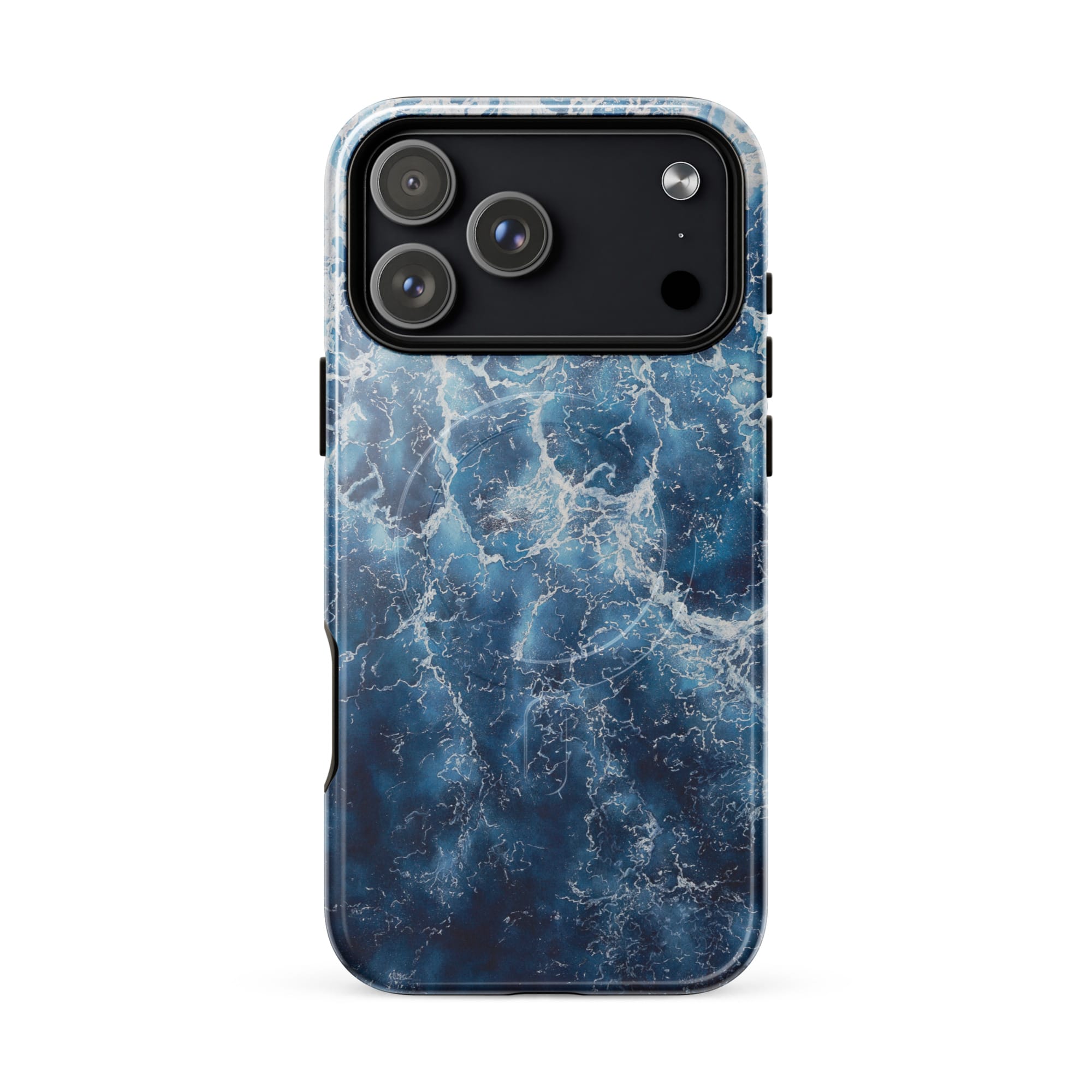Deep blue ocean watercolor iPhone 17 Pro Max case with MagSafe, glossy finish