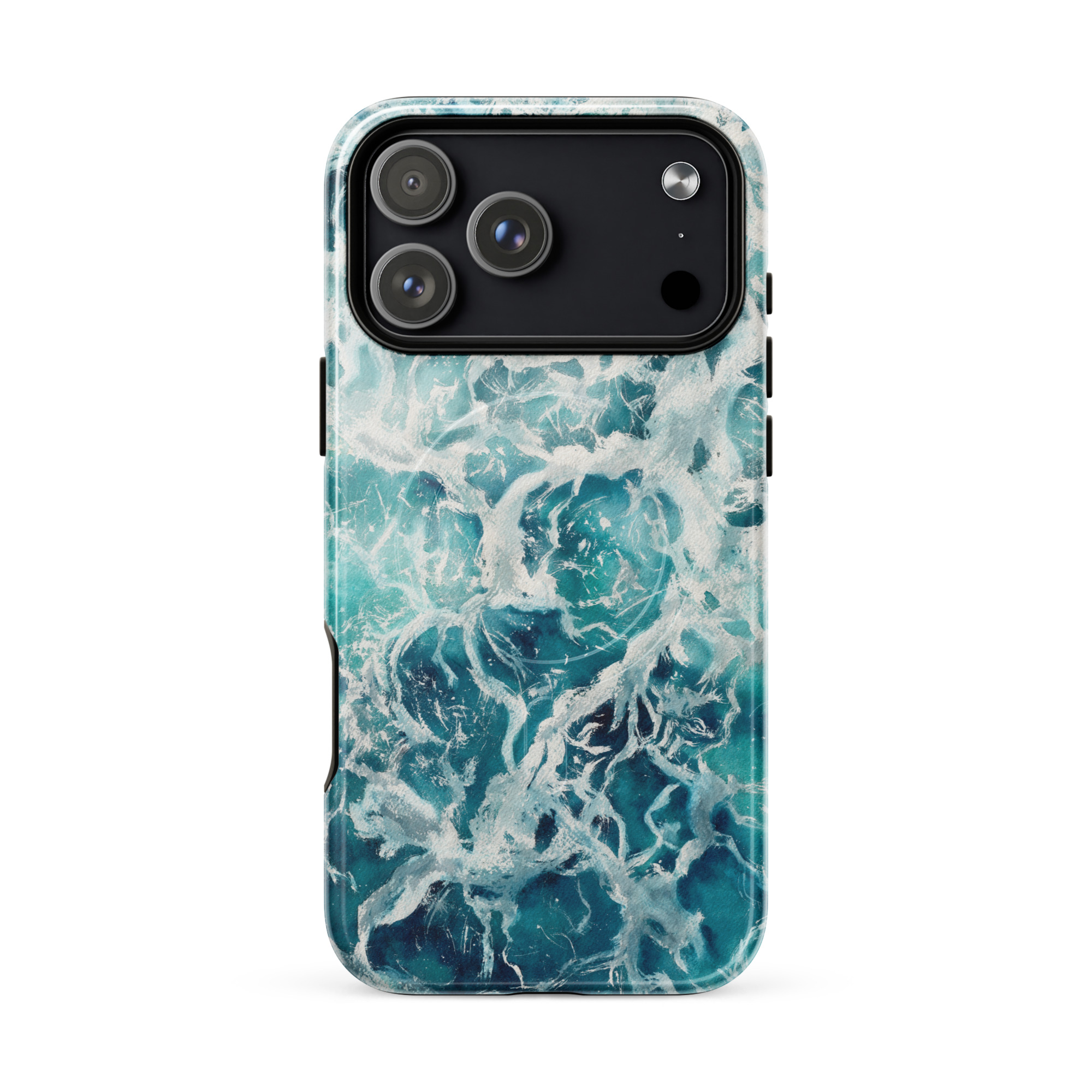 Blue green ocean watercolor iPhone 17 Pro Max case with MagSafe, glossy finish