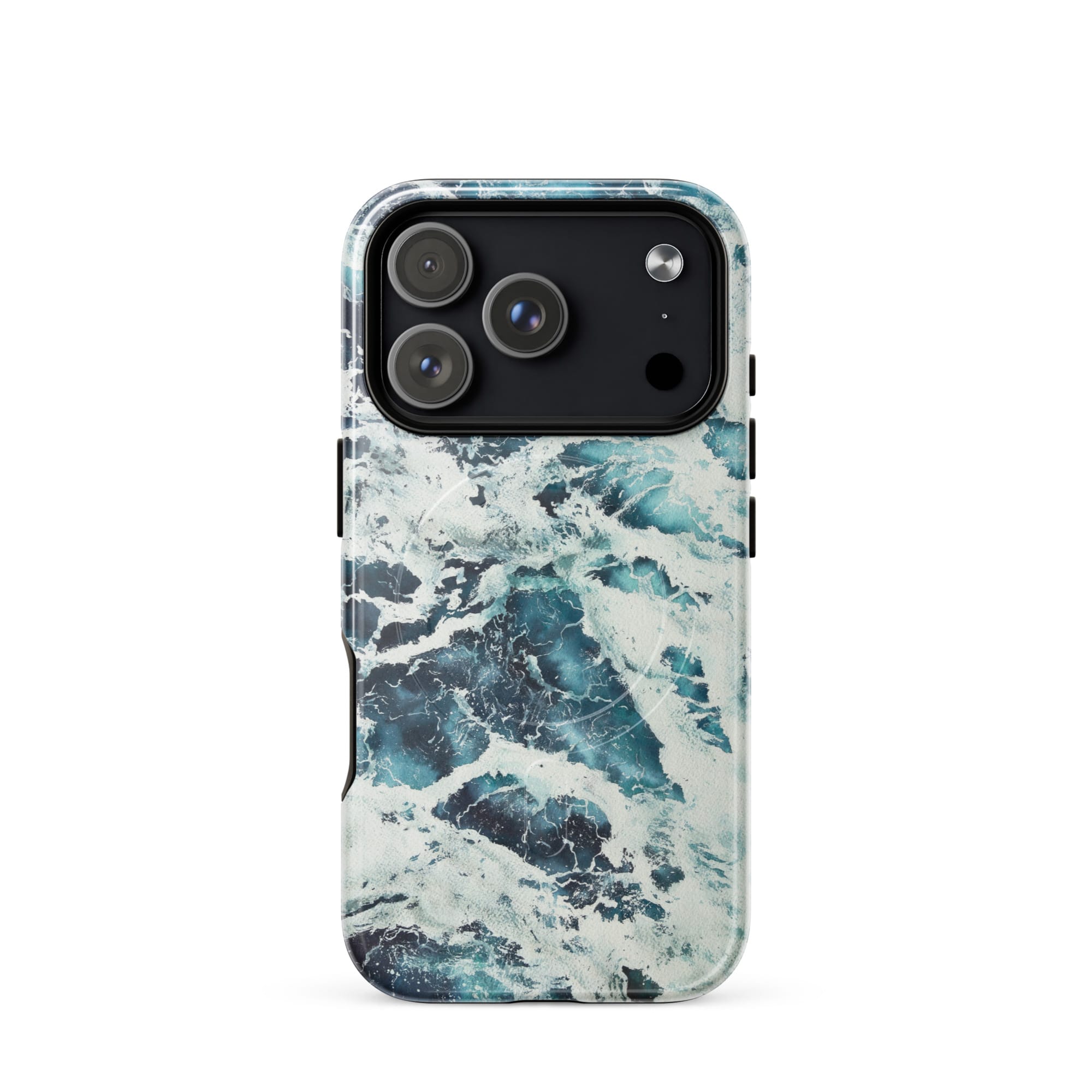 Deep blue turquoise ocean watercolor iPhone 18 Pro case with MagSafe, glossy finish