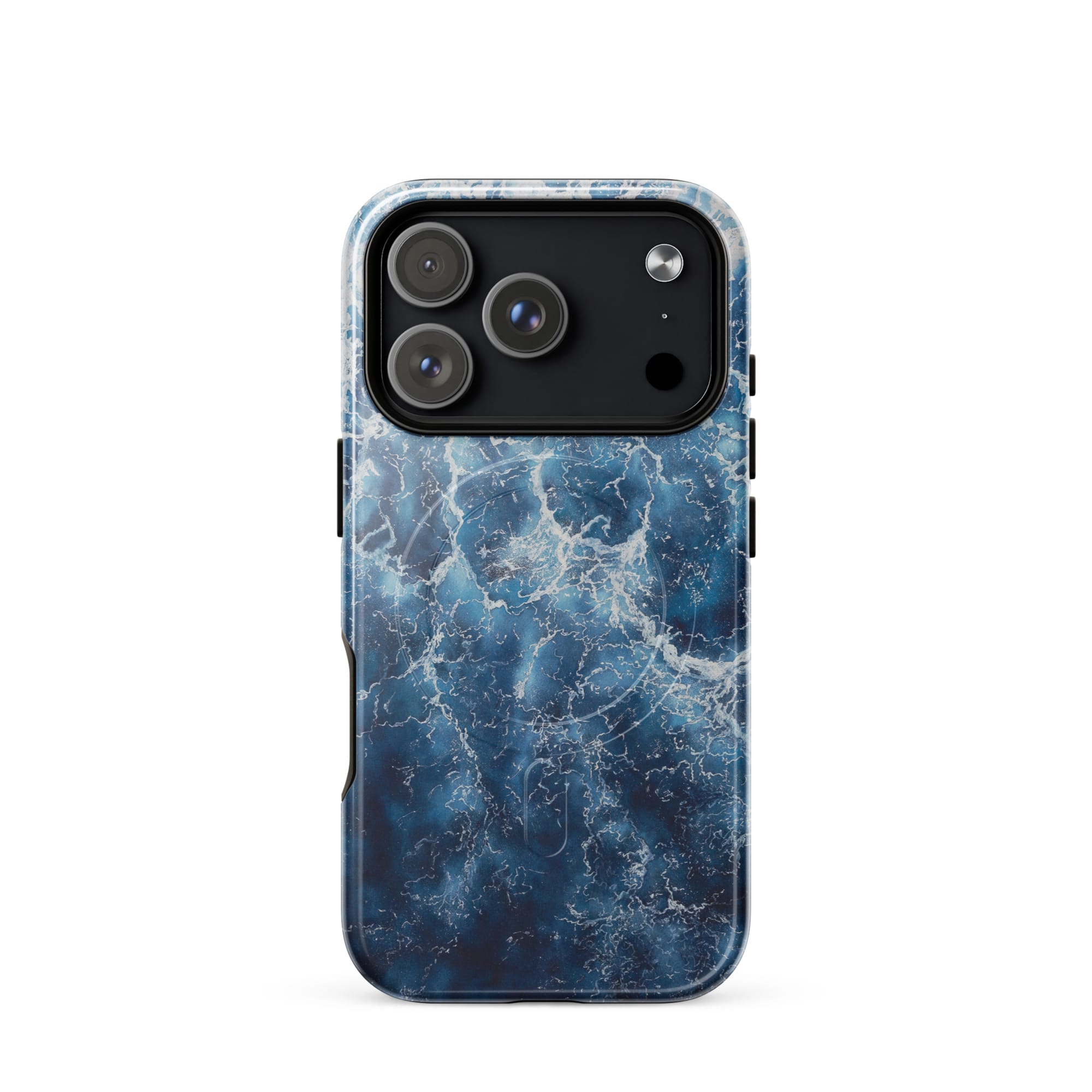 Deep blue ocean watercolor iPhone 18 Pro case with MagSafe, glossy finish
