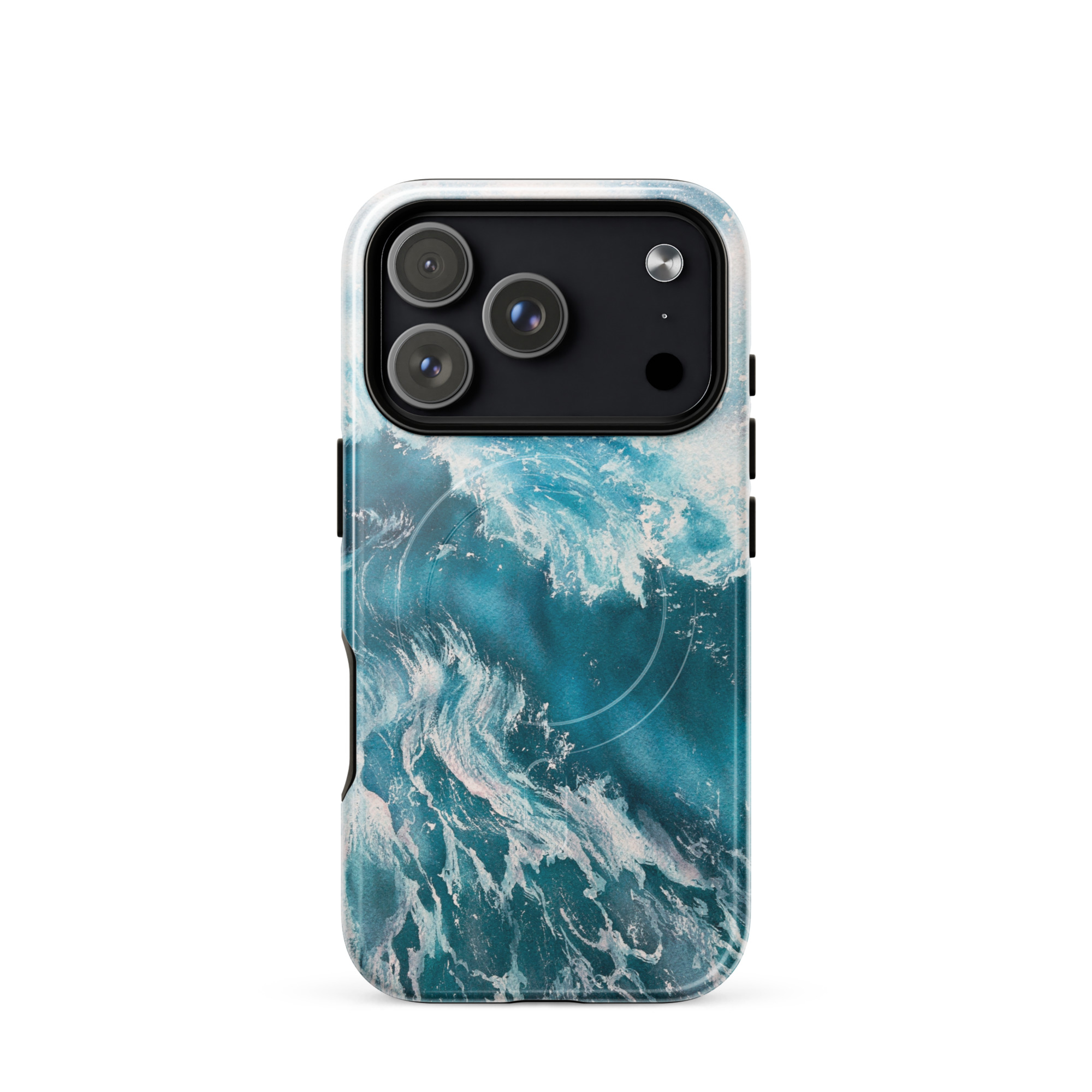 Turquoise blue ocean wave watercolor iPhone 18 Pro case with MagSafe, glossy finish