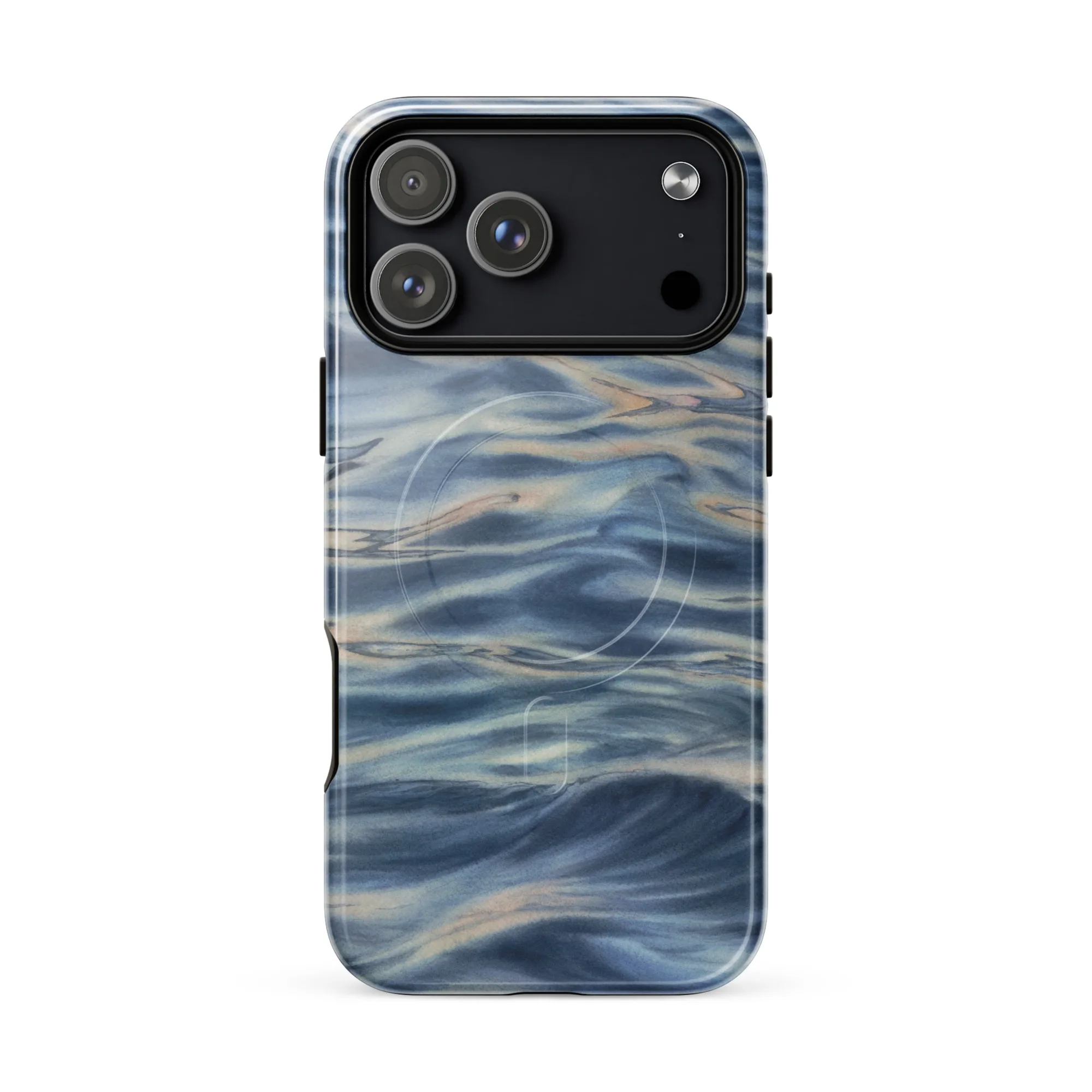Blue grey ocean watercolor iPhone 18 Pro Max case with MagSafe, glossy finish