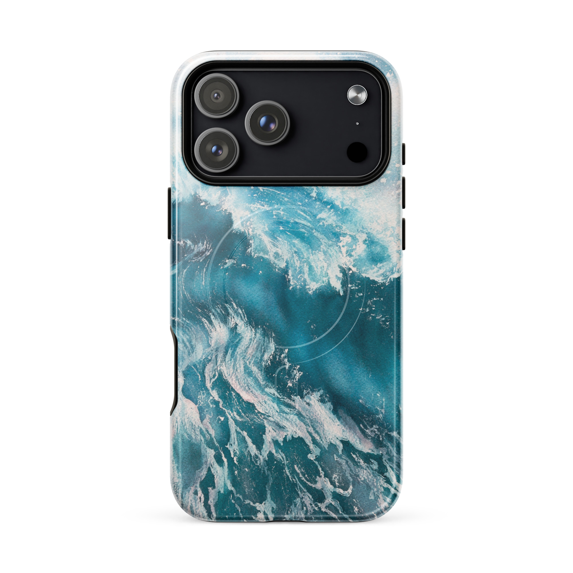 Turquoise blue ocean wave watercolor iPhone 18 Pro Max case with MagSafe, glossy finish