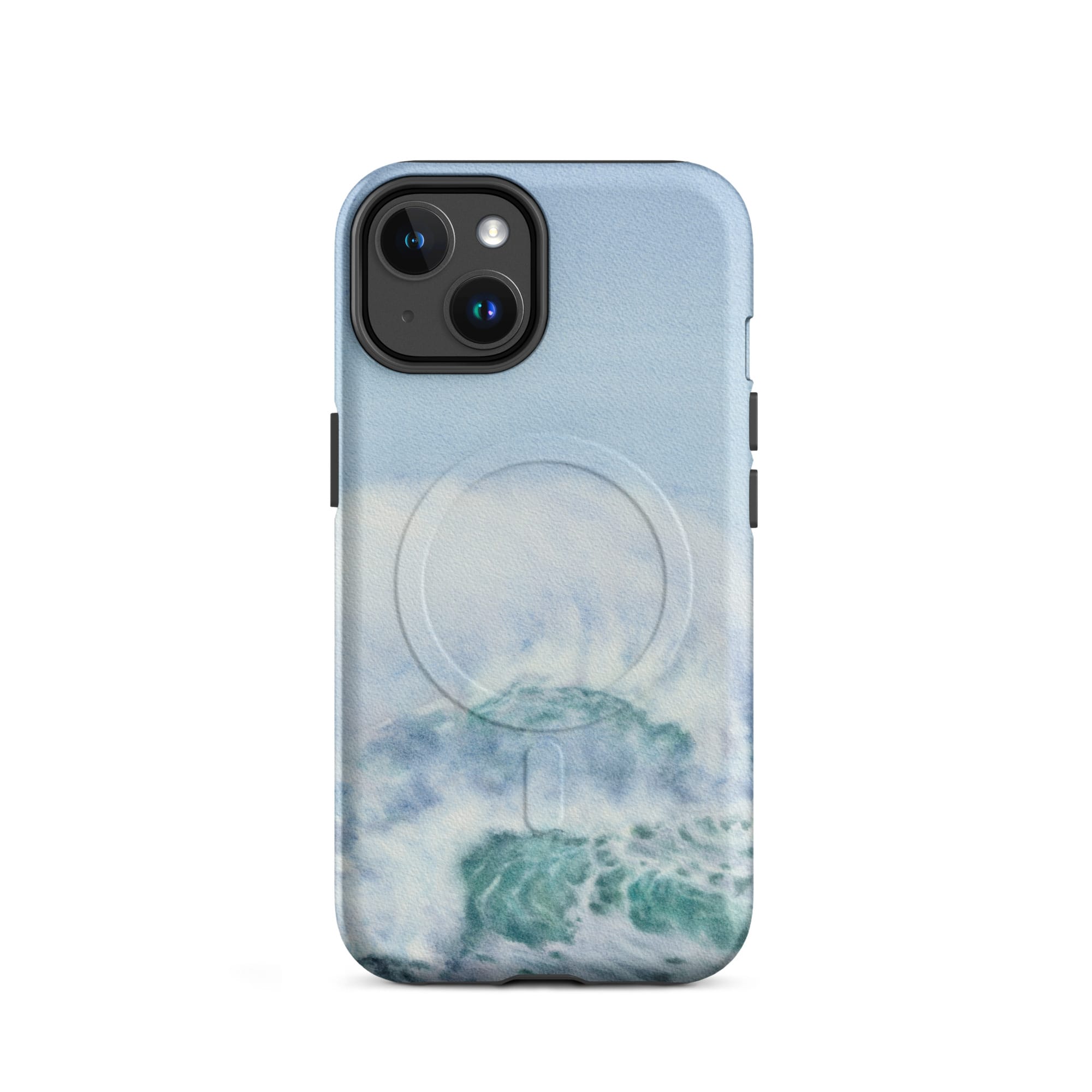 Turquoise blue wave ocean watercolor iPhone 14 case with MagSafe, matte finish