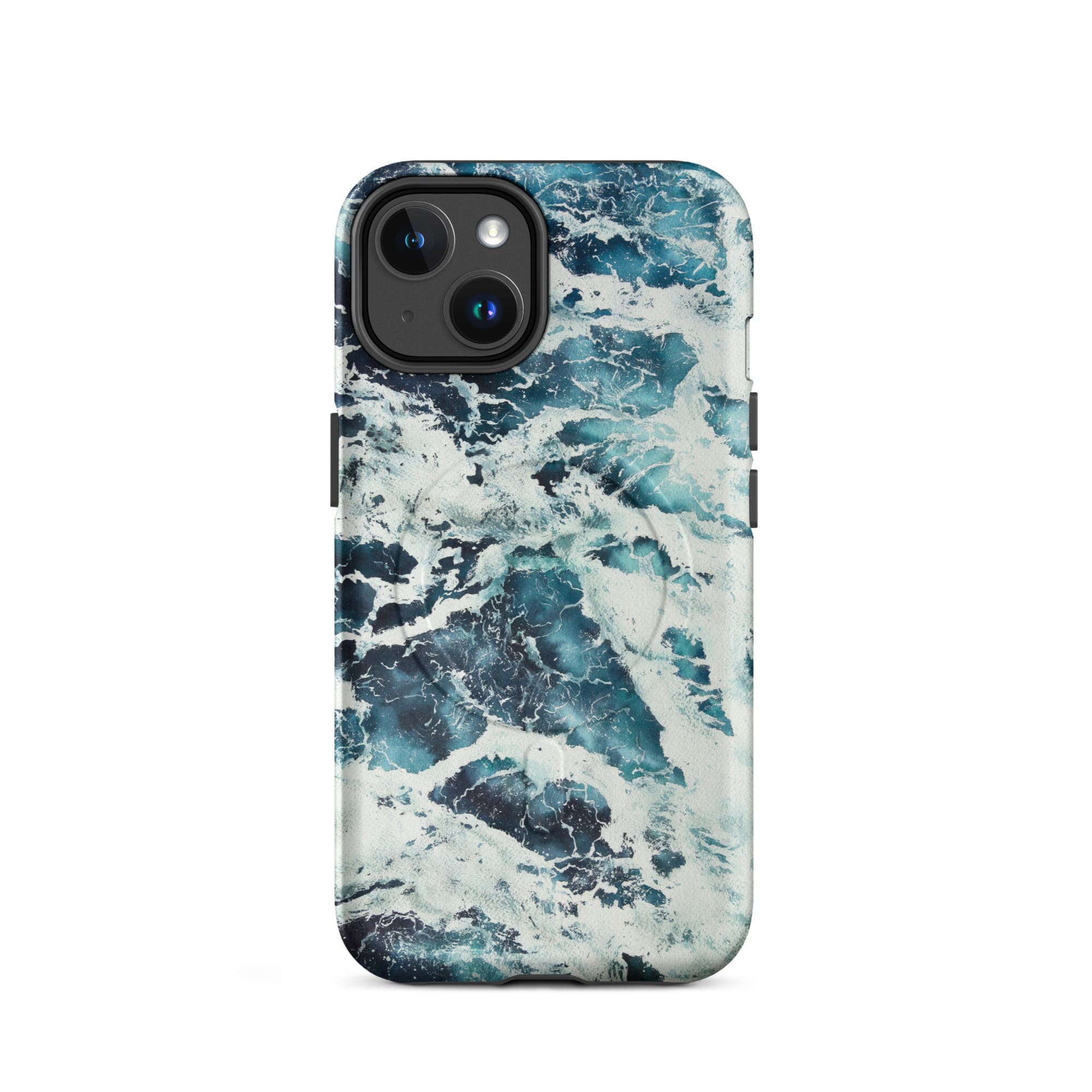 Deep blue turquoise ocean watercolor iPhone 14 case with MagSafe, matte finish