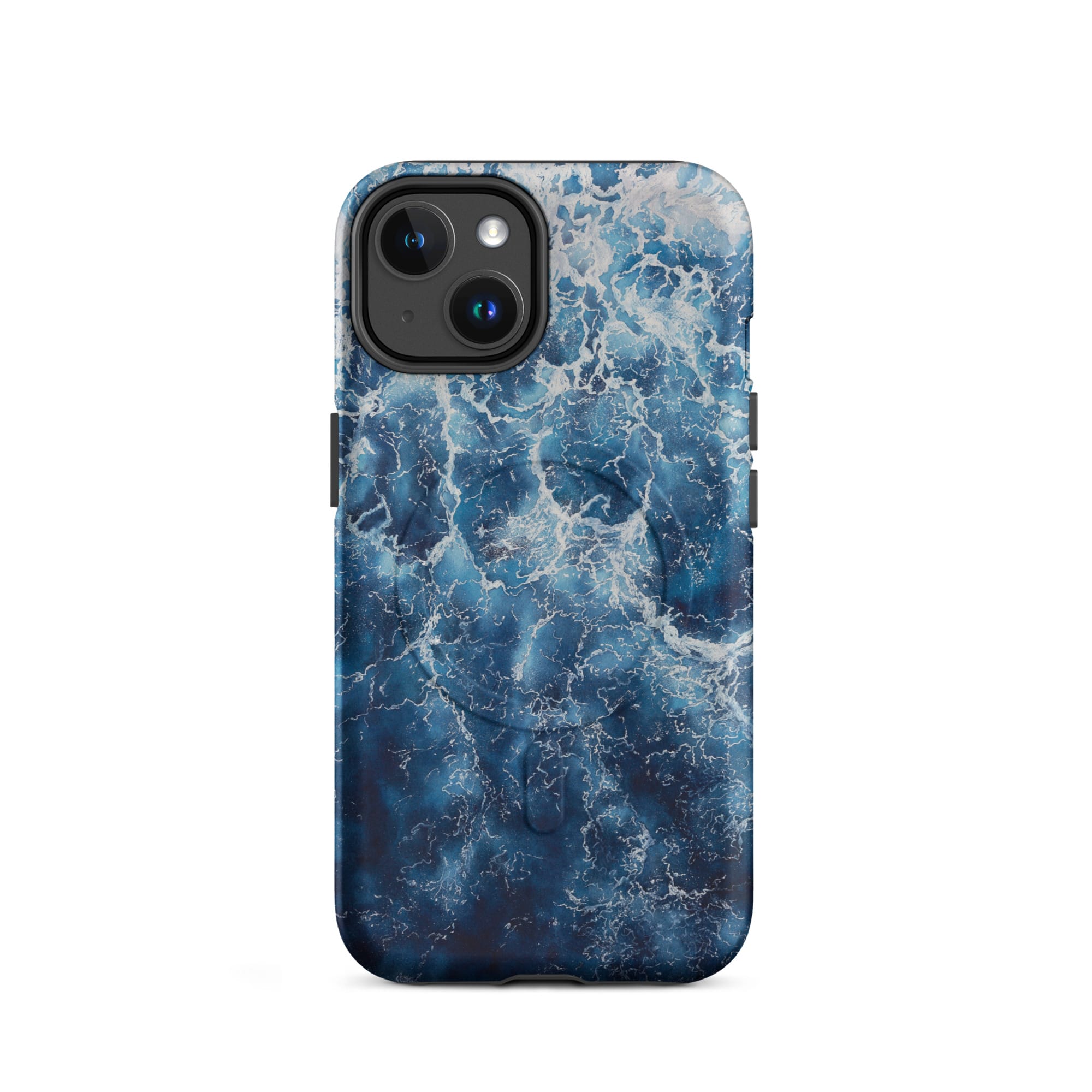Deep blue ocean watercolor iPhone 14 case with MagSafe, matte finish