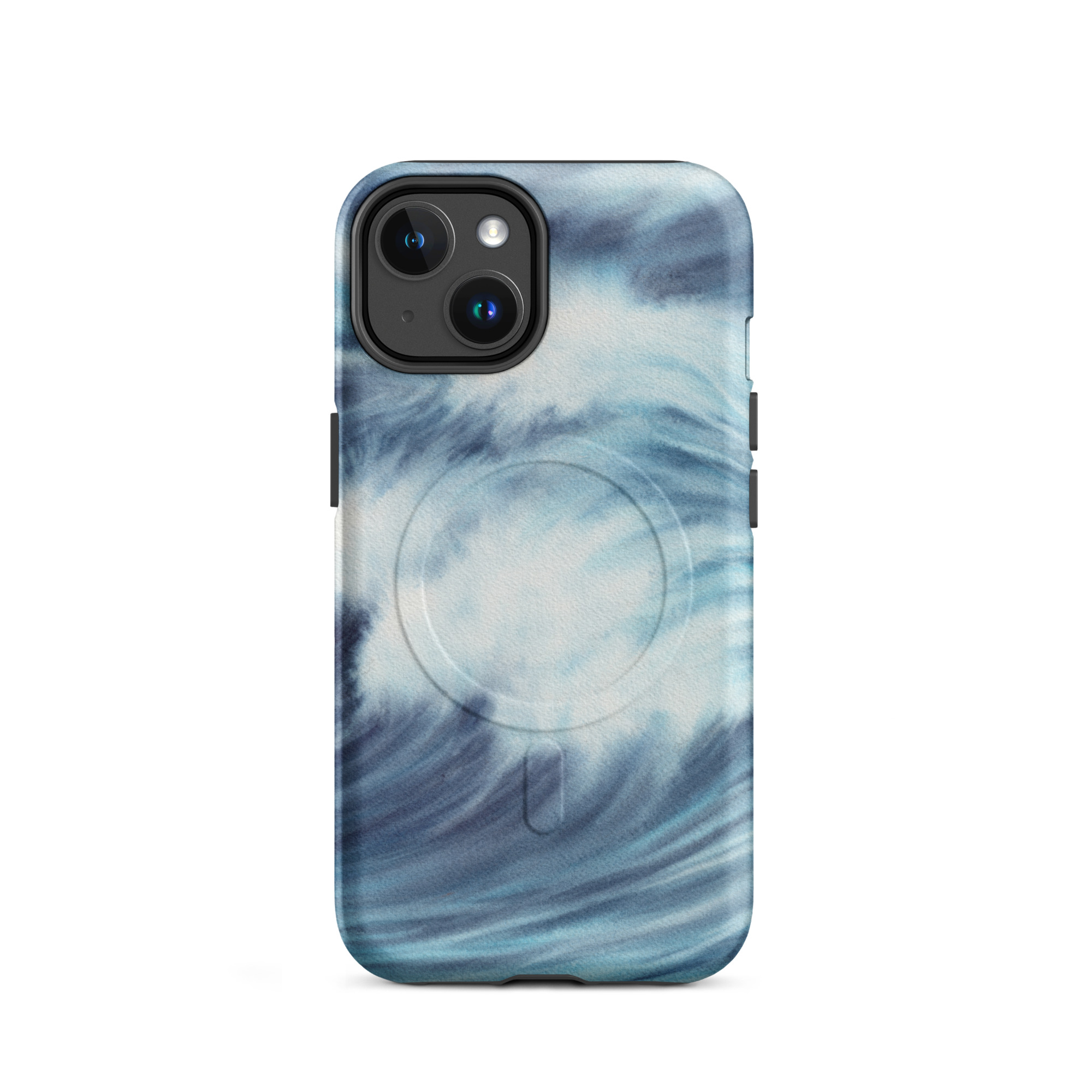 Blue ocean wave watercolor iPhone 14 case with MagSafe, matte finish
