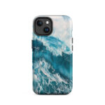Turquoise blue ocean wave watercolor iPhone 14 case with MagSafe, matte finish