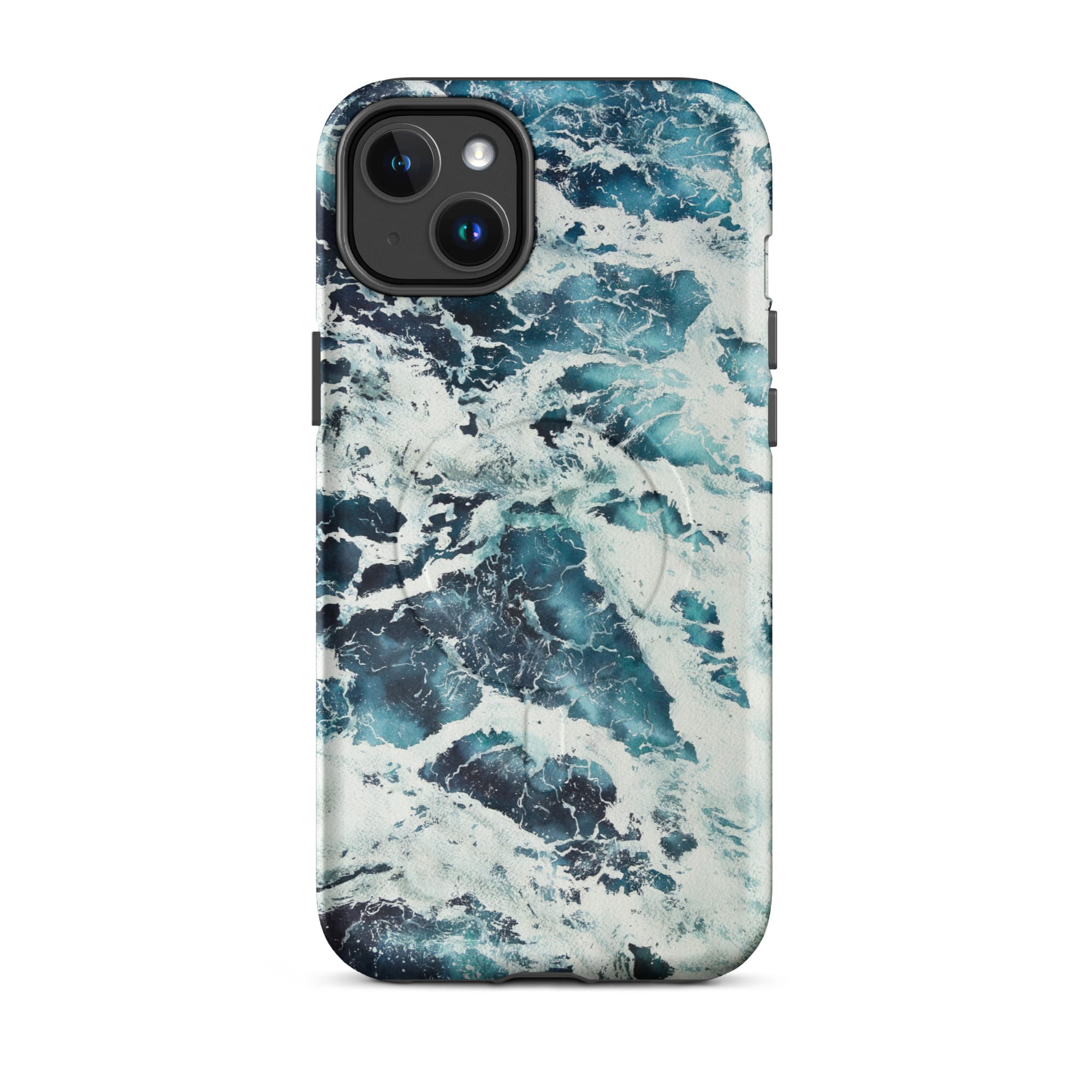 Deep blue turquoise ocean watercolor iPhone 14 Plus case with MagSafe, matte finish
