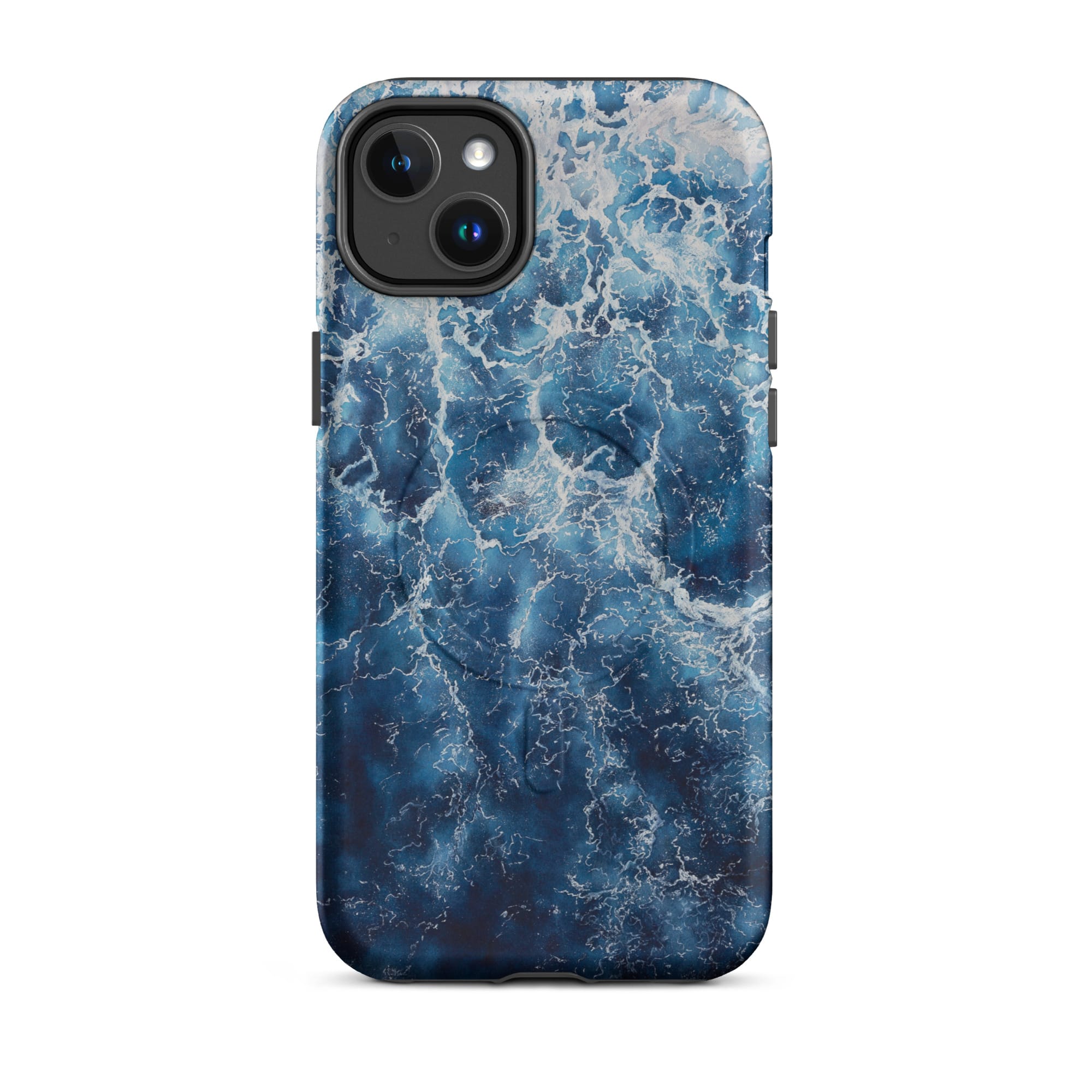 Deep blue ocean watercolor iPhone 14 Plus case with MagSafe, matte finish