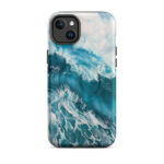 Turquoise blue ocean wave watercolor iPhone 14 Plus case with MagSafe, matte finish