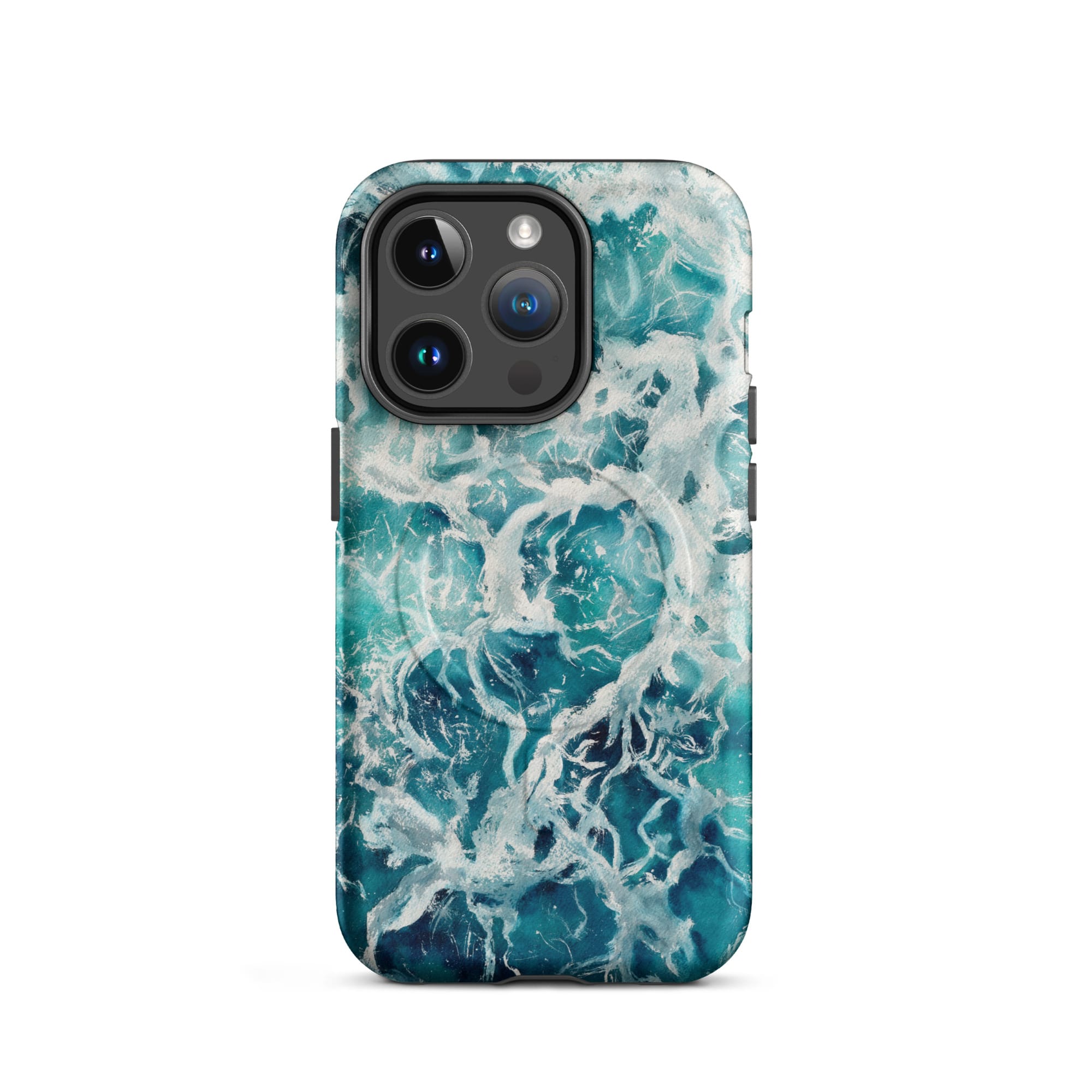 Blue green ocean watercolor iPhone 14 Pro case with MagSafe, matte finish