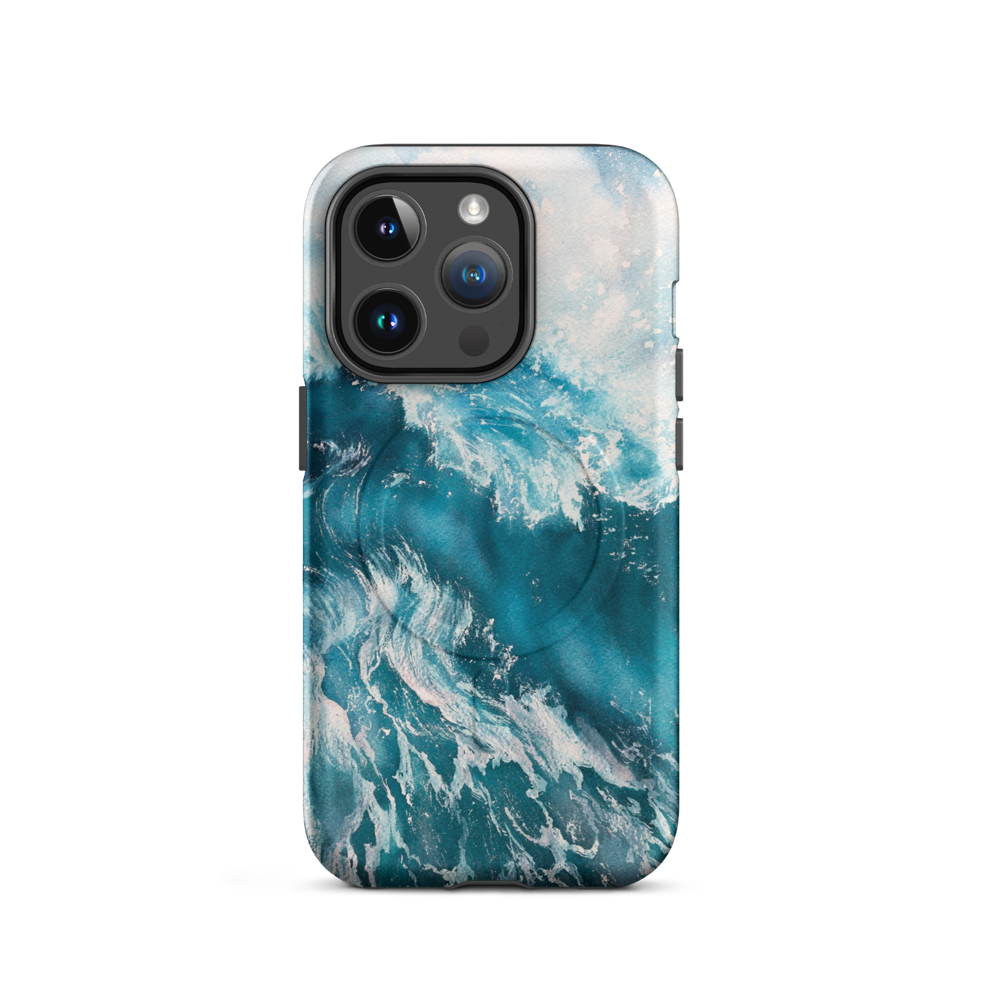 Turquoise blue ocean wave watercolor iPhone 14 Pro case with MagSafe, matte finish