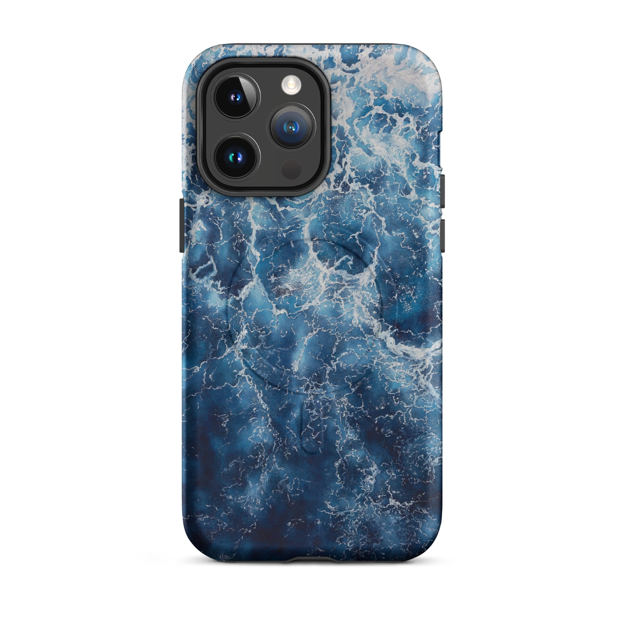 Deep blue ocean watercolor iPhone 14 Pro Max case with MagSafe, matte finish