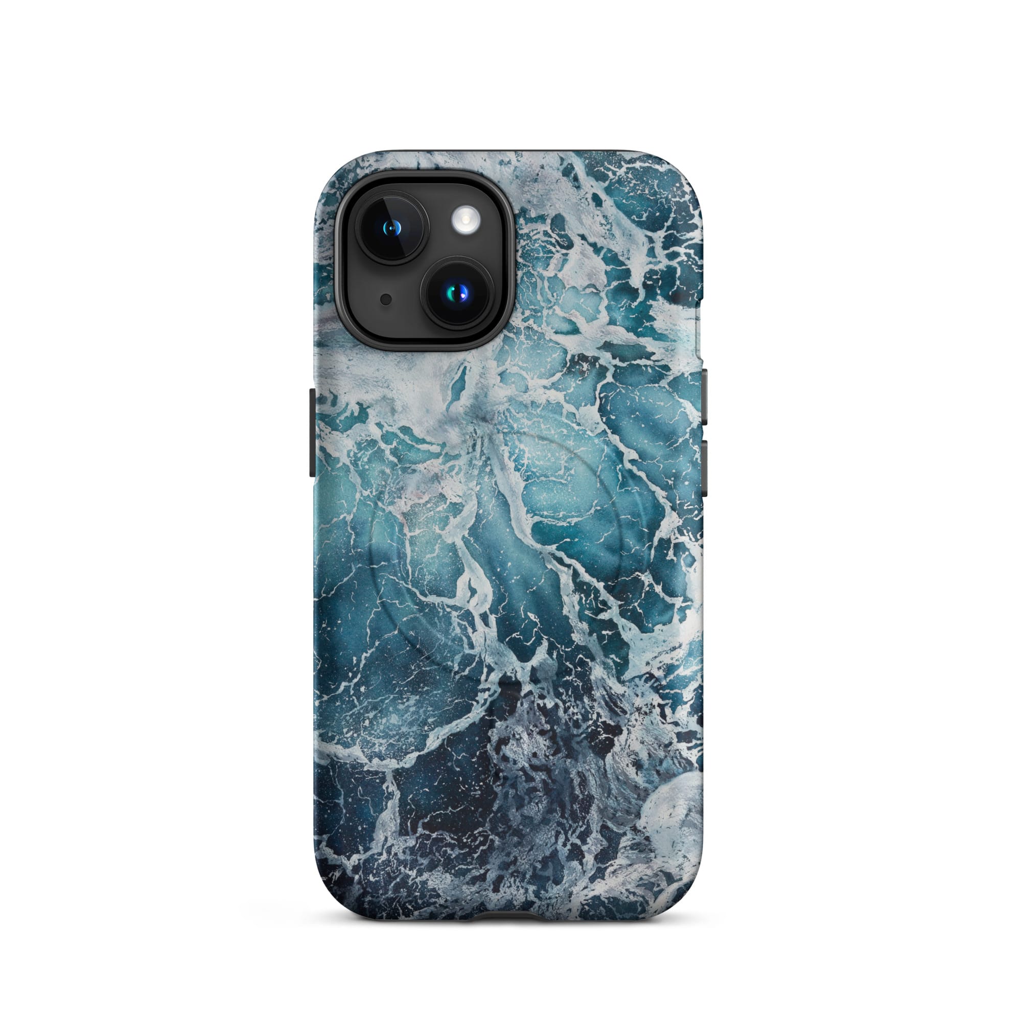 Blue ocean wave watercolor iPhone 15 case with MagSafe, matte finish