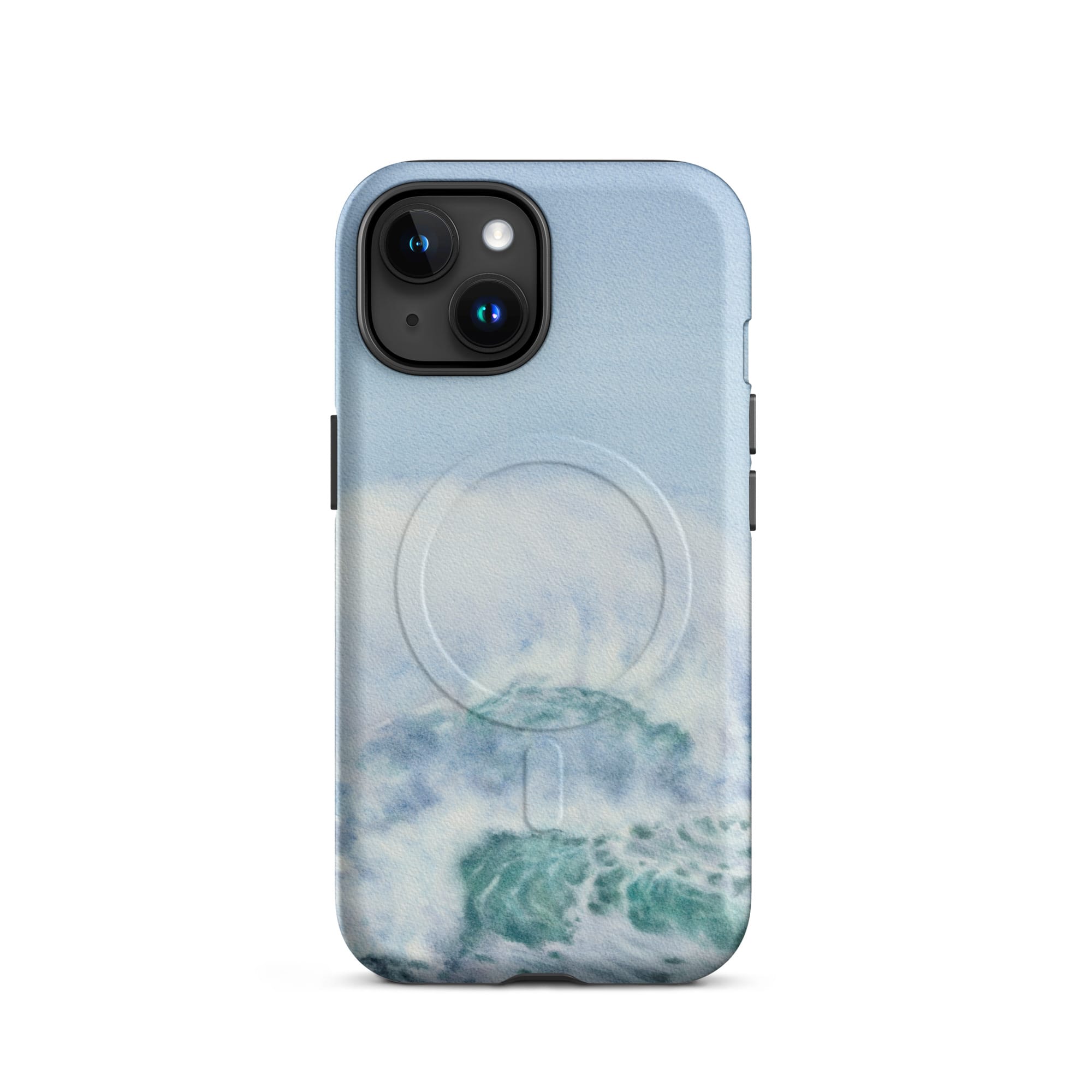 Turquoise blue wave ocean watercolor iPhone 15 case with MagSafe, matte finish