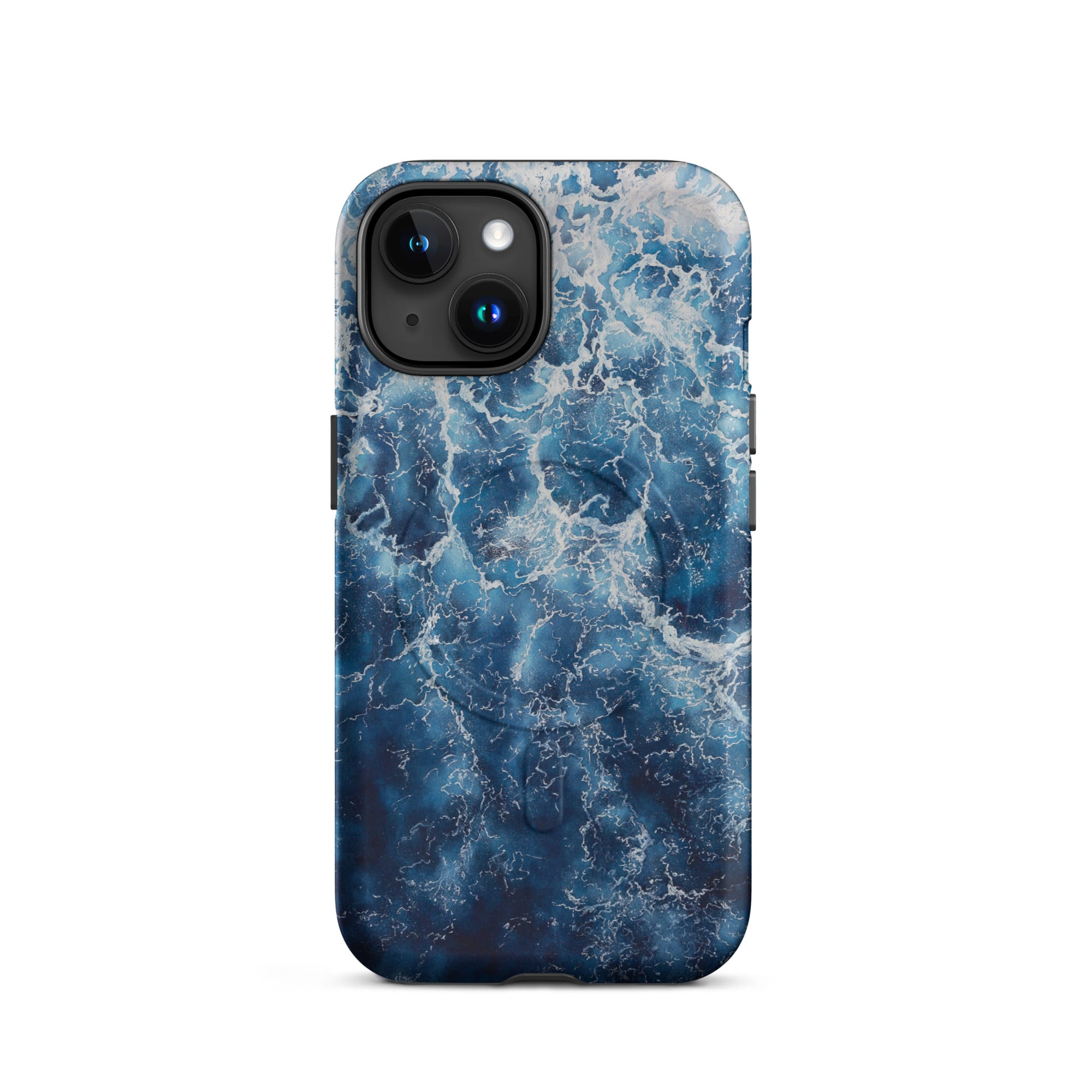 Deep blue ocean watercolor iPhone 15 case with MagSafe, matte finish