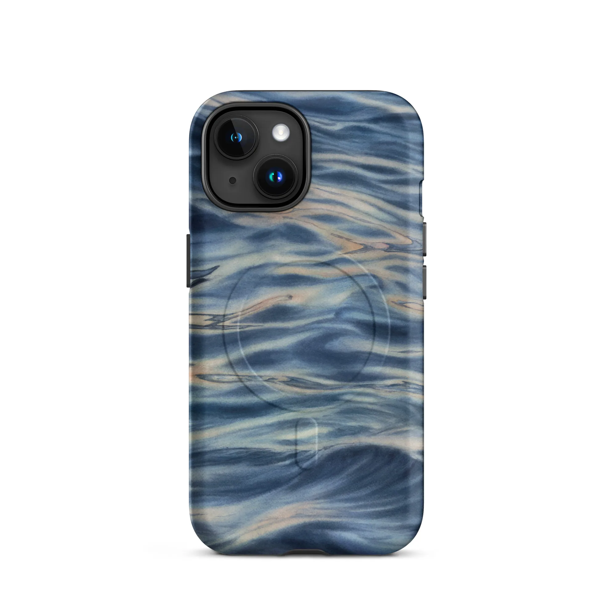 Blue grey ocean watercolor iPhone 15 case with MagSafe, matte finish