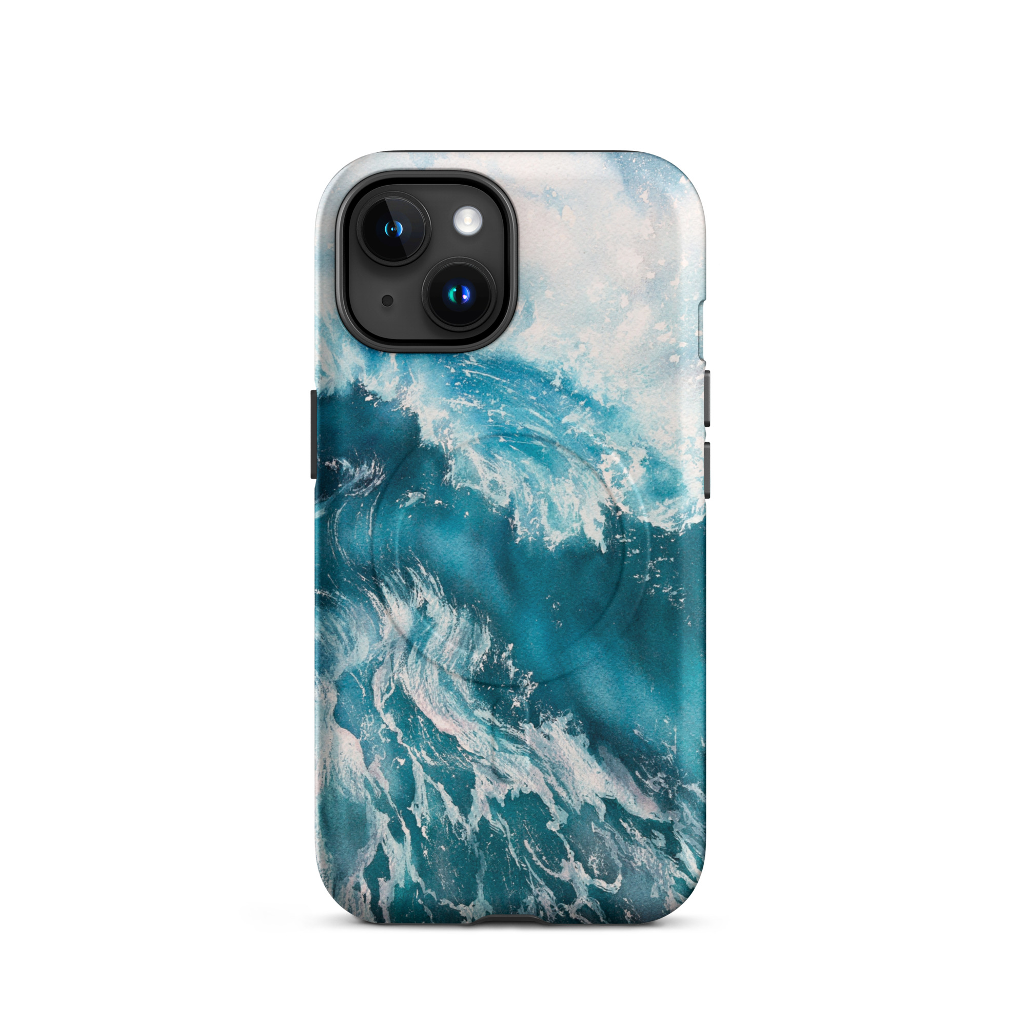 Turquoise blue ocean wave watercolor iPhone 15 case with MagSafe, matte finish