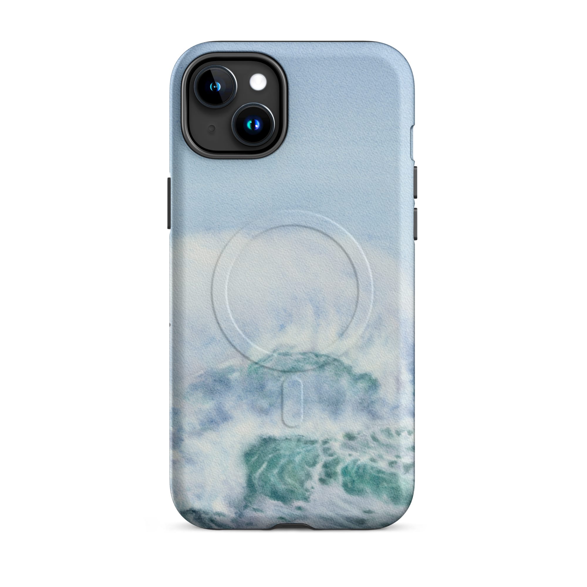 Turquoise blue wave ocean watercolor iPhone 15 Plus case with MagSafe, matte finish
