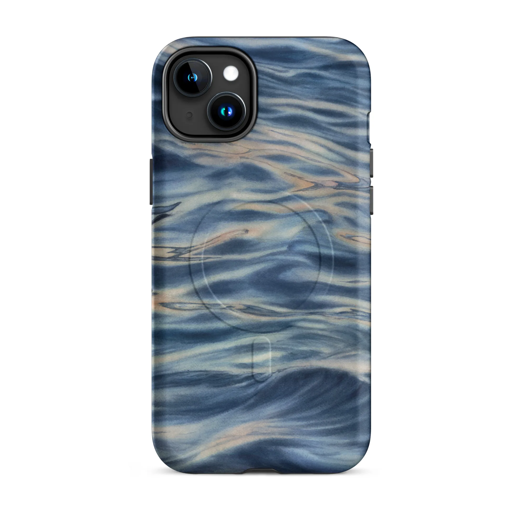 Blue grey ocean watercolor iPhone 15 Plus case with MagSafe, matte finish
