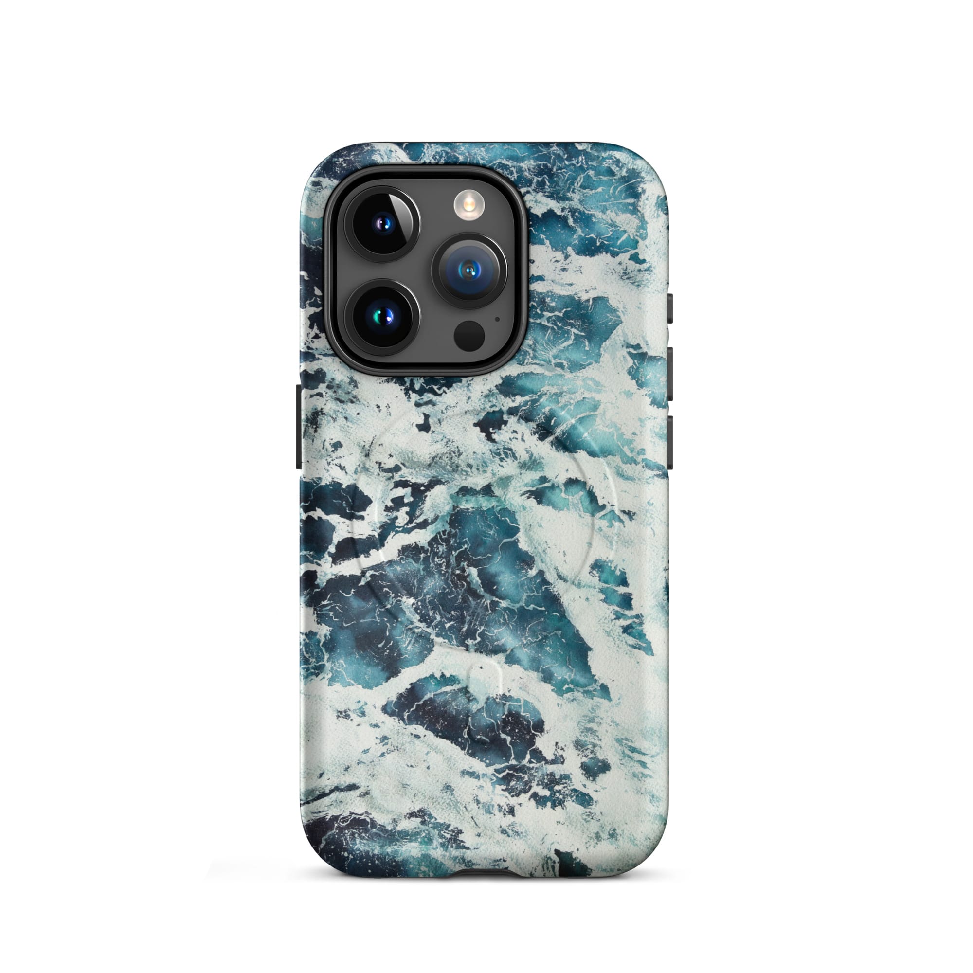 Deep blue turquoise ocean watercolor iPhone 15 Pro case with MagSafe, matte finish