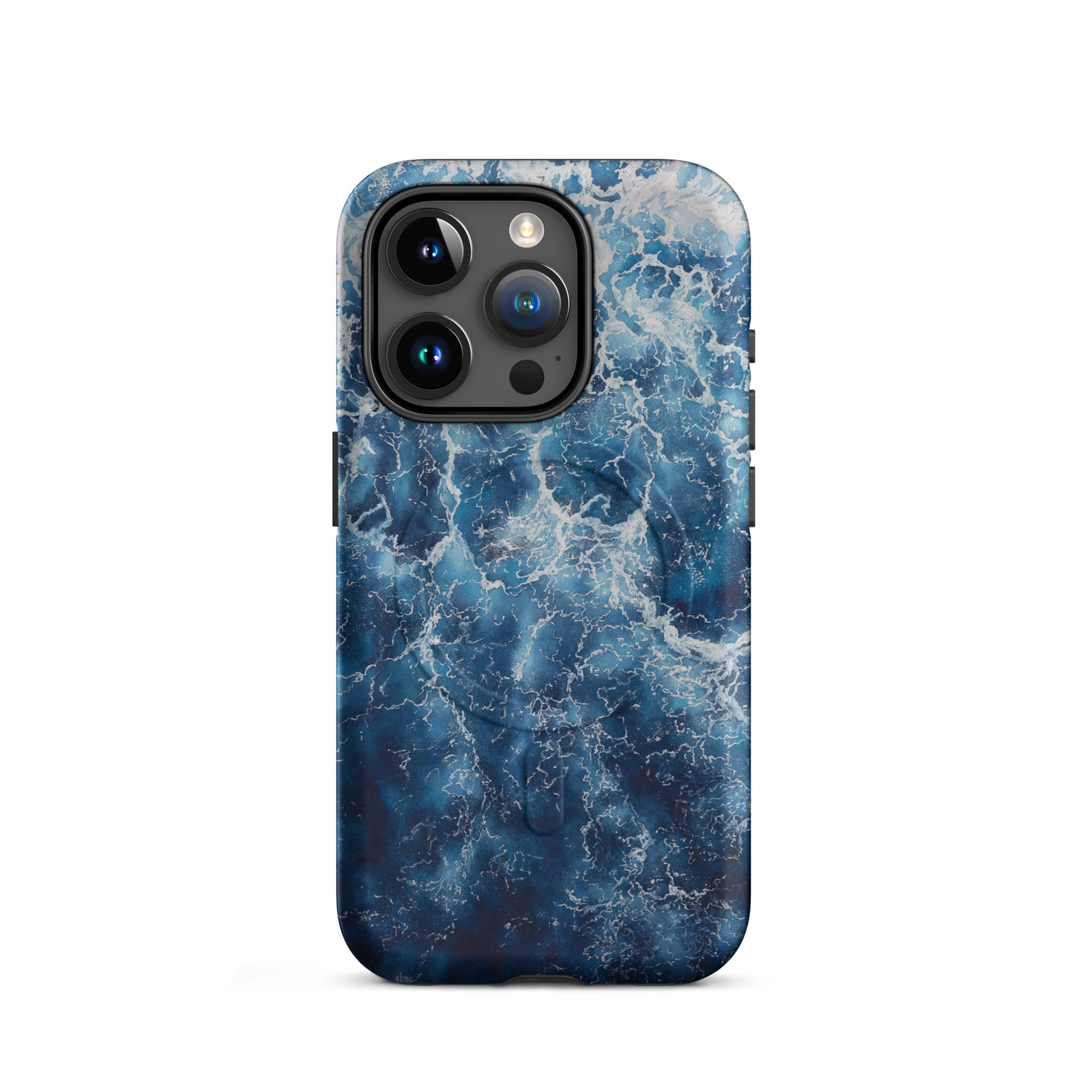 Deep blue ocean watercolor iPhone 15 Pro case with MagSafe, matte finish