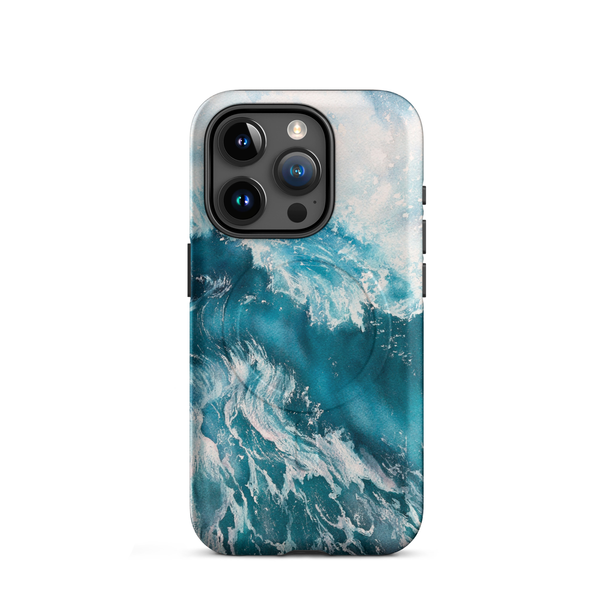 Turquoise blue ocean wave watercolor iPhone 15 Pro case with MagSafe, matte finish
