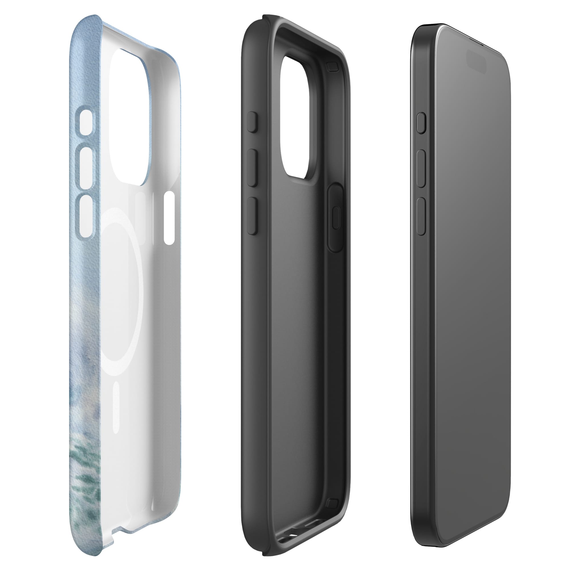 Dual-layer turquoise blue wave ocean watercolor MagSafe iPhone case with polycarbonate shell and TPU inner liner
