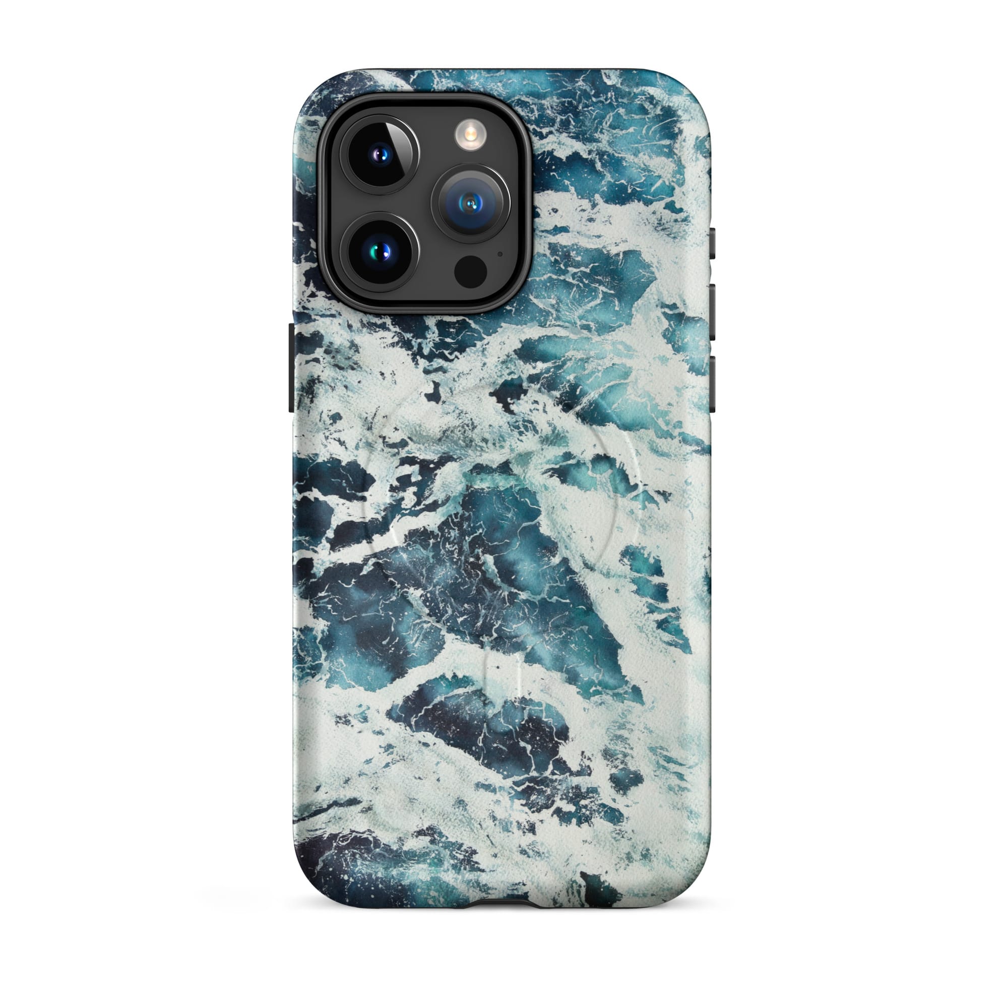 Deep blue turquoise ocean watercolor iPhone 15 Pro Max case with MagSafe, matte finish