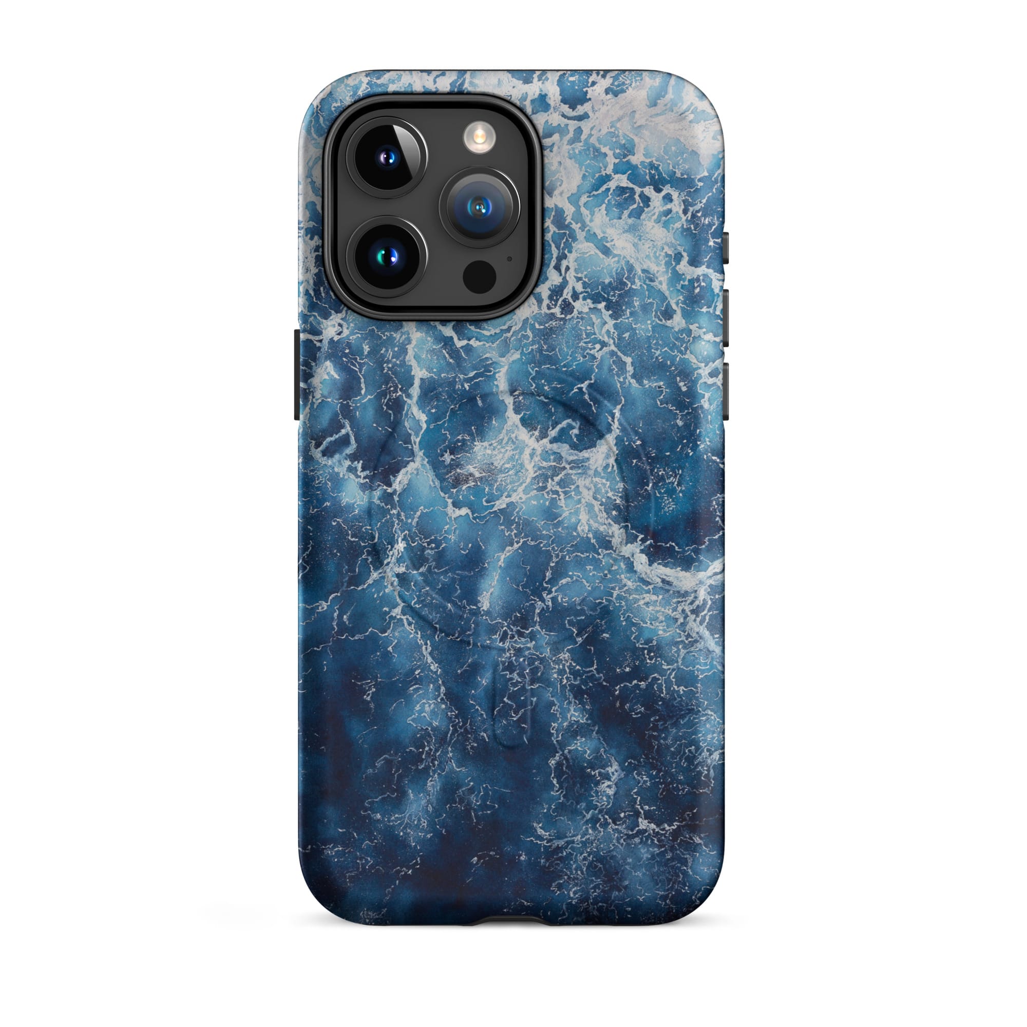 Deep blue ocean watercolor iPhone 15 Pro Max case with MagSafe, matte finish