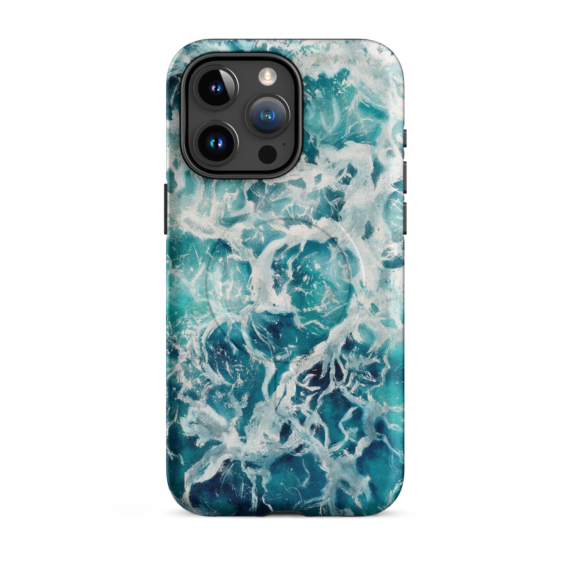 Blue green ocean watercolor iPhone 15 Pro Max case with MagSafe, matte finish
