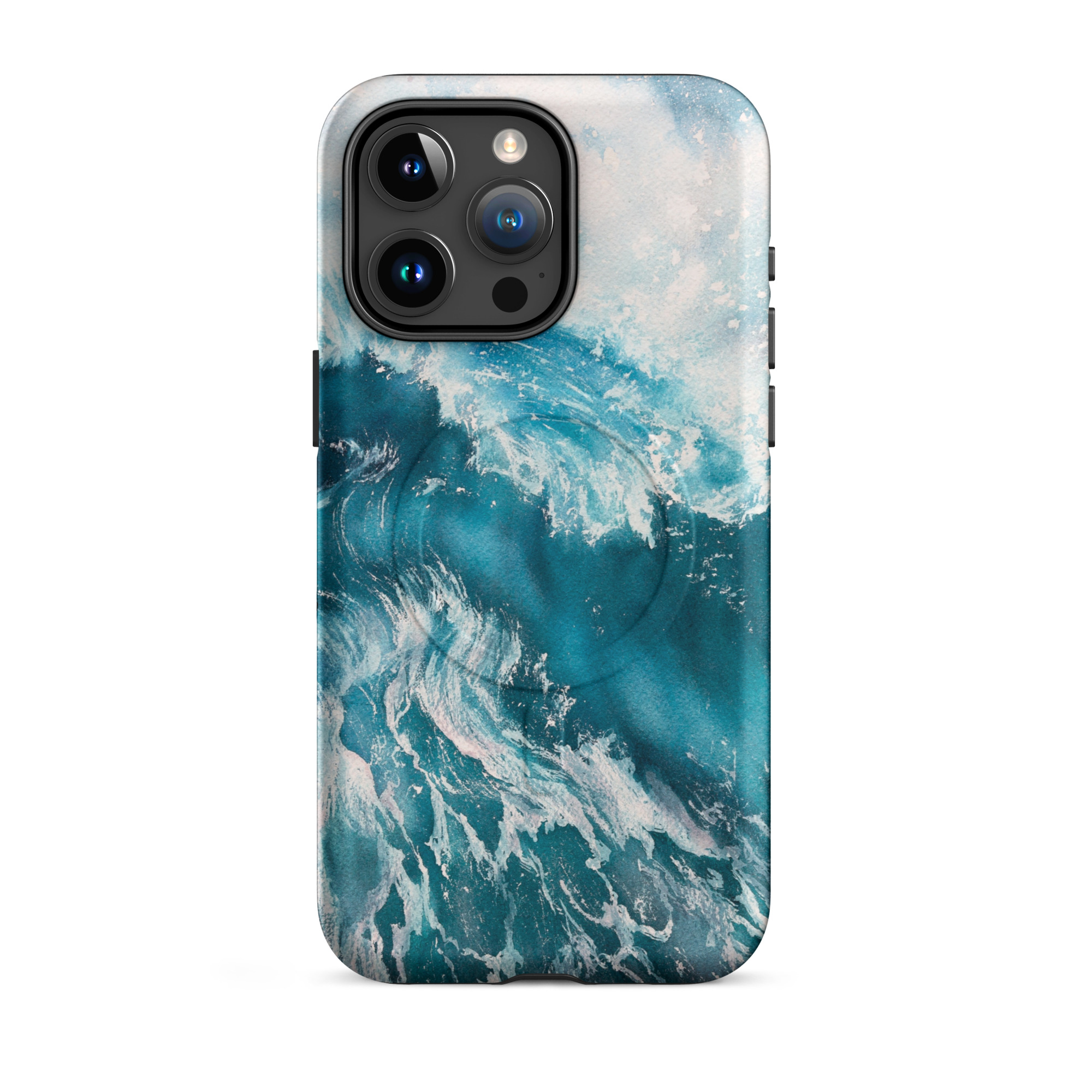 Turquoise blue ocean wave watercolor iPhone 15 Pro Max case with MagSafe, matte finish