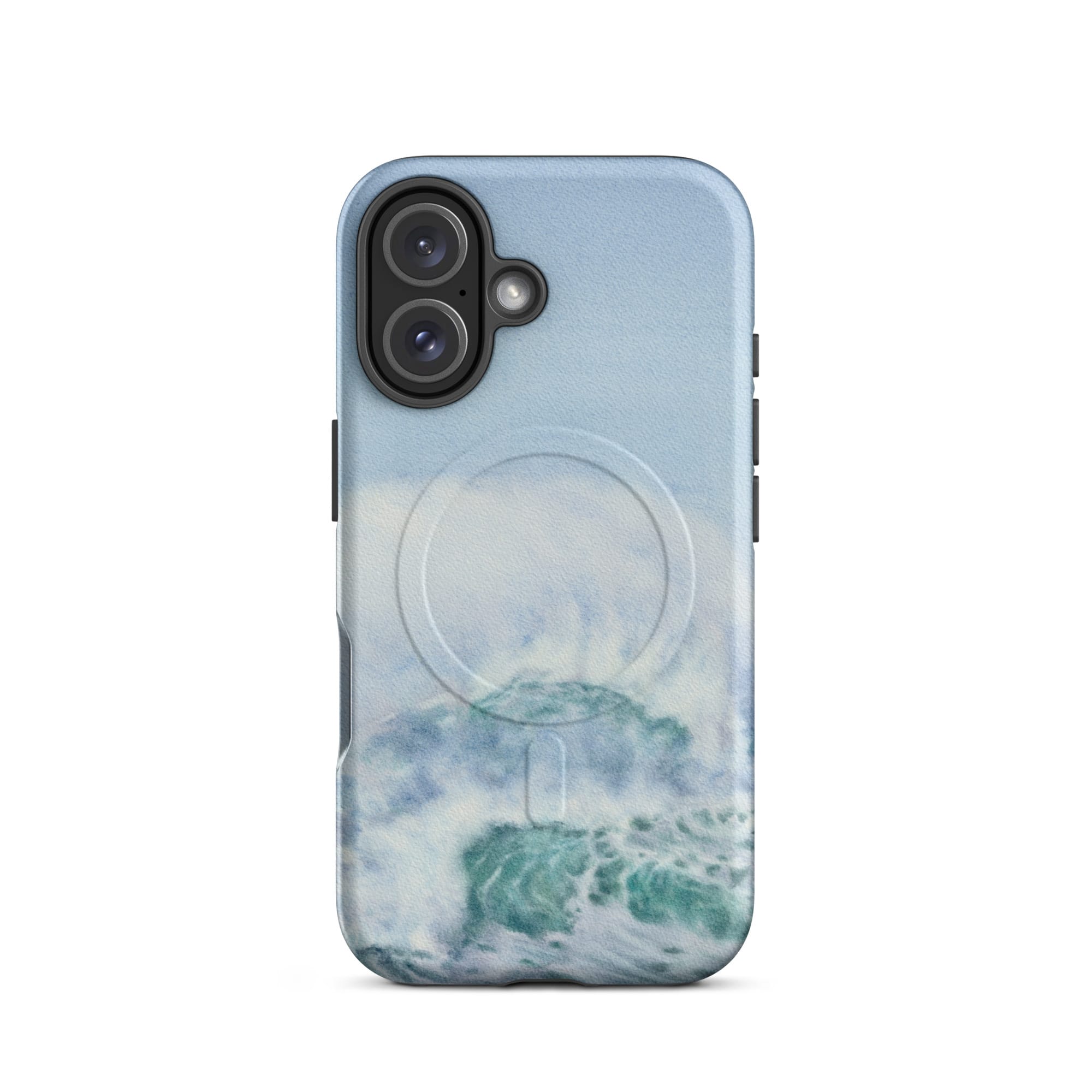Turquoise blue wave ocean watercolor iPhone 16 case with MagSafe, matte finish