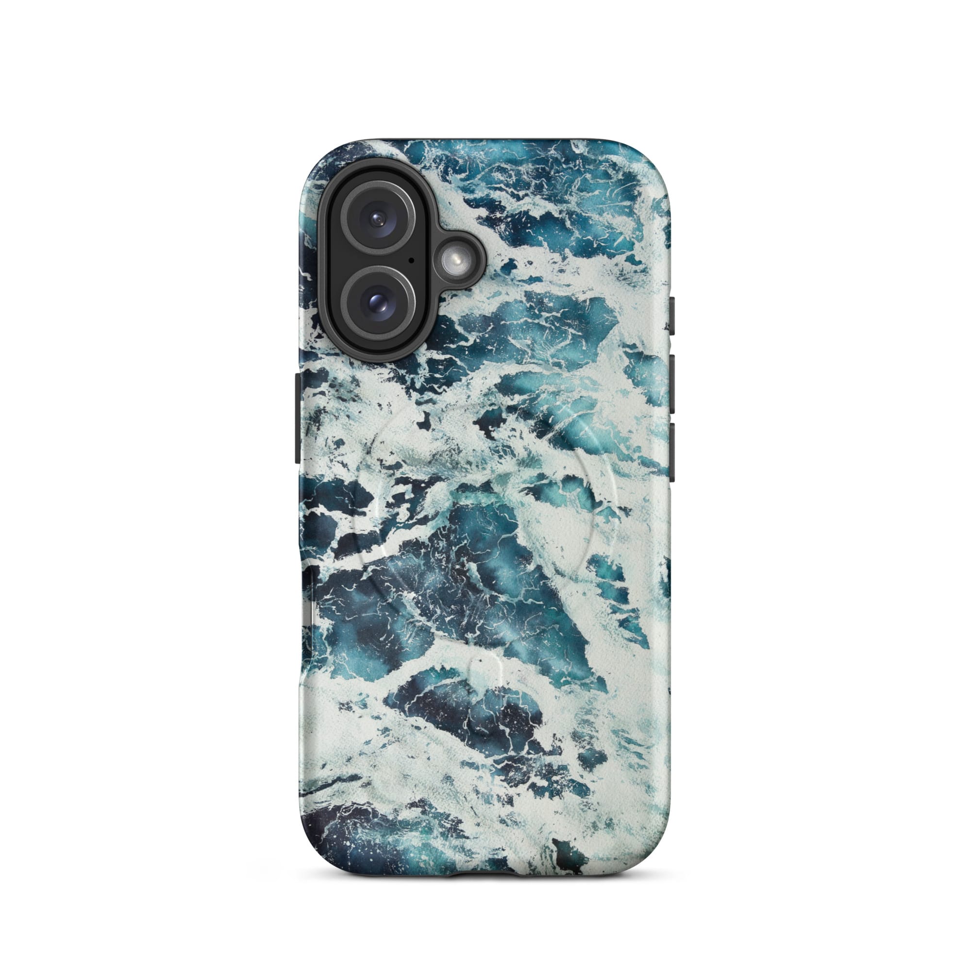 Deep blue turquoise ocean watercolor iPhone 16 case with MagSafe, matte finish