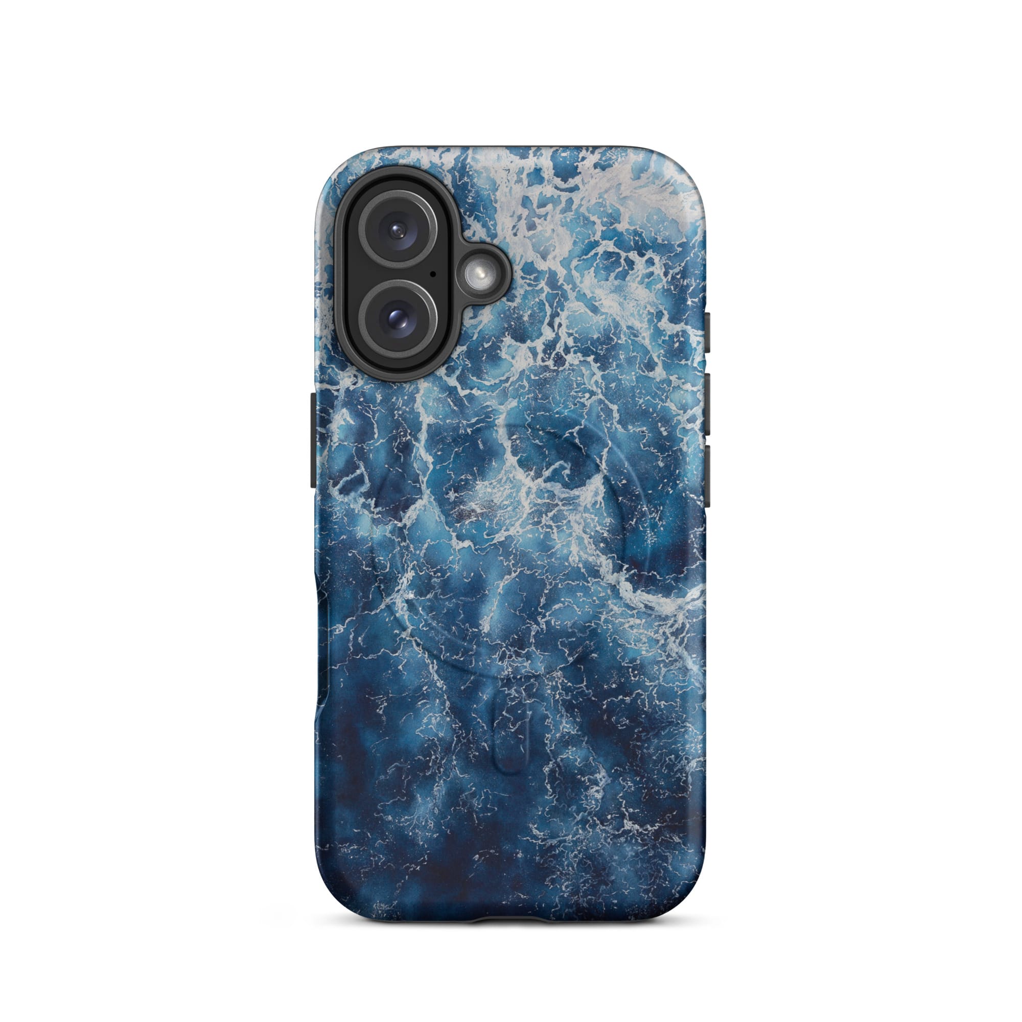 Deep blue ocean watercolor iPhone 16 case with MagSafe, matte finish