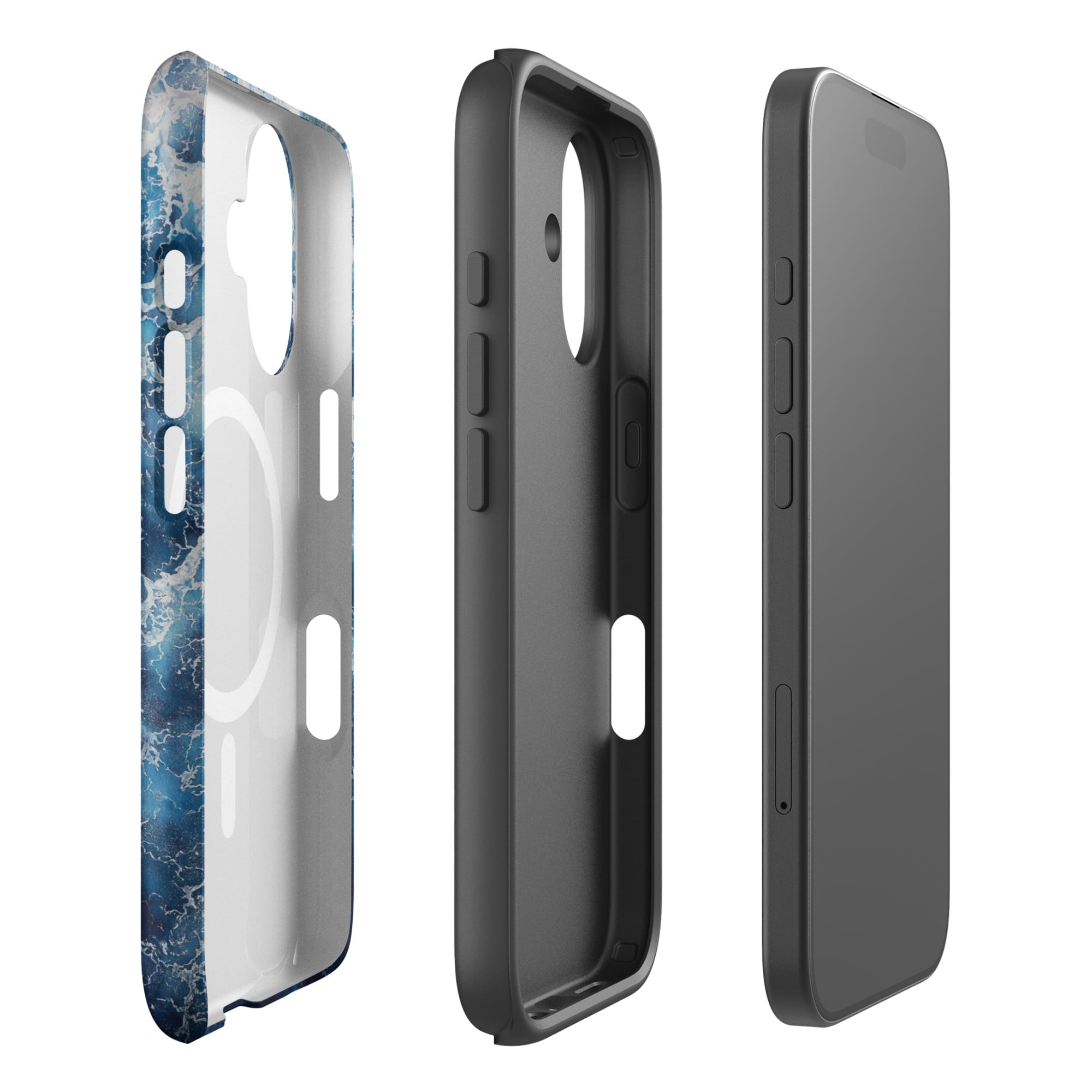 Dual-layer deep blue ocean watercolor MagSafe iPhone case with polycarbonate shell and TPU inner liner