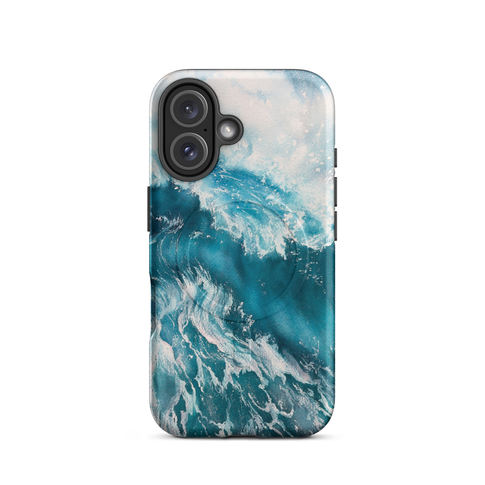 Turquoise blue ocean wave watercolor iPhone 16 case with MagSafe, matte finish