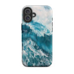 Turquoise blue ocean wave watercolor iPhone 16 Plus case with MagSafe, matte finish